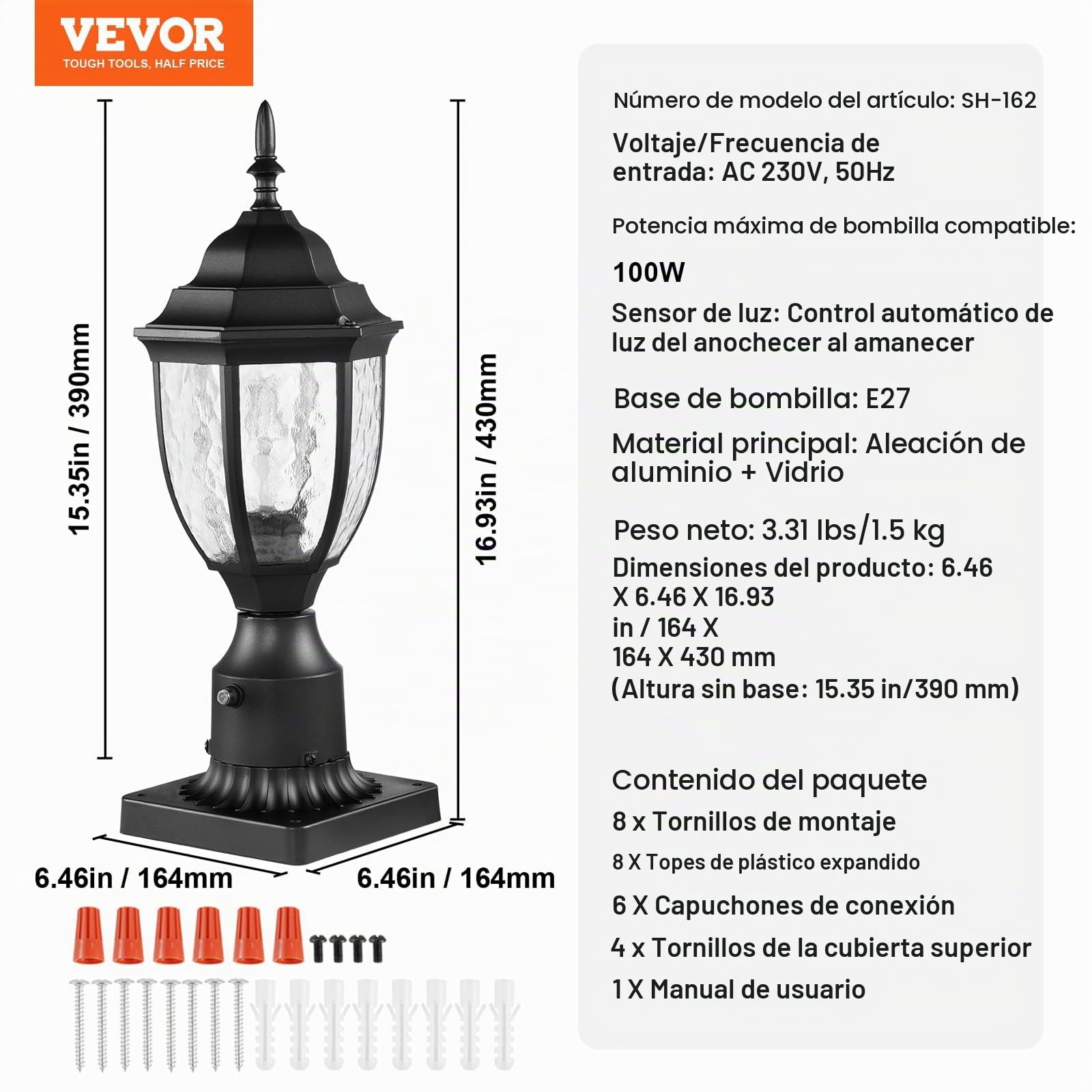 VEVOR 2 PCS Farolas Exteriores de Anochecer al Amanecer, 390 mm, Resistentes al Agua con Base de Montaje en Pilar de 9 cm, Pantalla de Vidrio Farola Exterior a Prueba de Rayos para Patio, Jardín