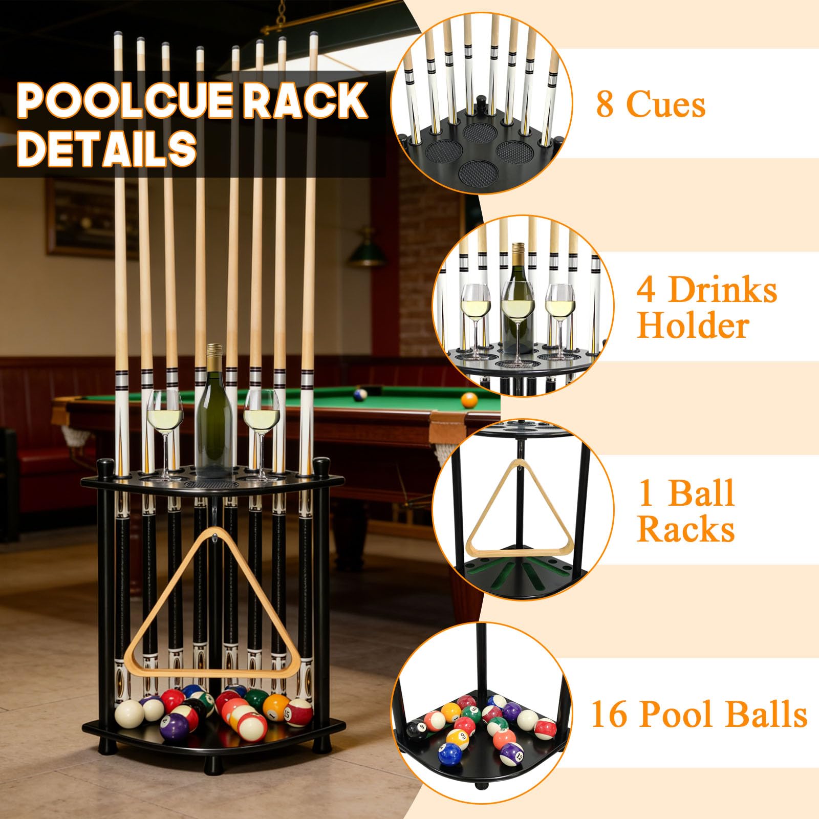 Support de sol pour quilles de billard avec 16 supports de balles de billard en bois massif pour 8 queues de billard, support d'angle pour salle de jeux, club, accessoires de table de billard (noir)
