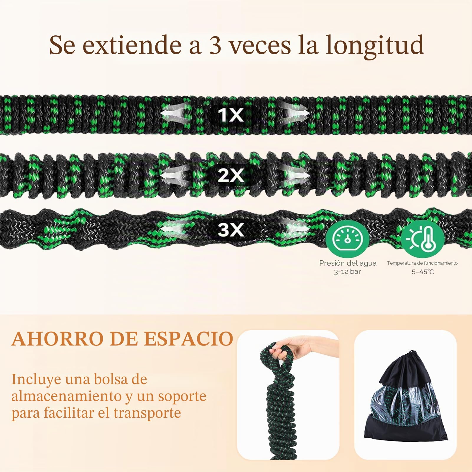Manguera de Jardín Extensible 50m – Anti-Fugas con 10 Modos de Rociado, Tejido 3450D Reforzado y Conectores Metálicos – Ligera y Plegable para Terraza (100FT/30M,Green)