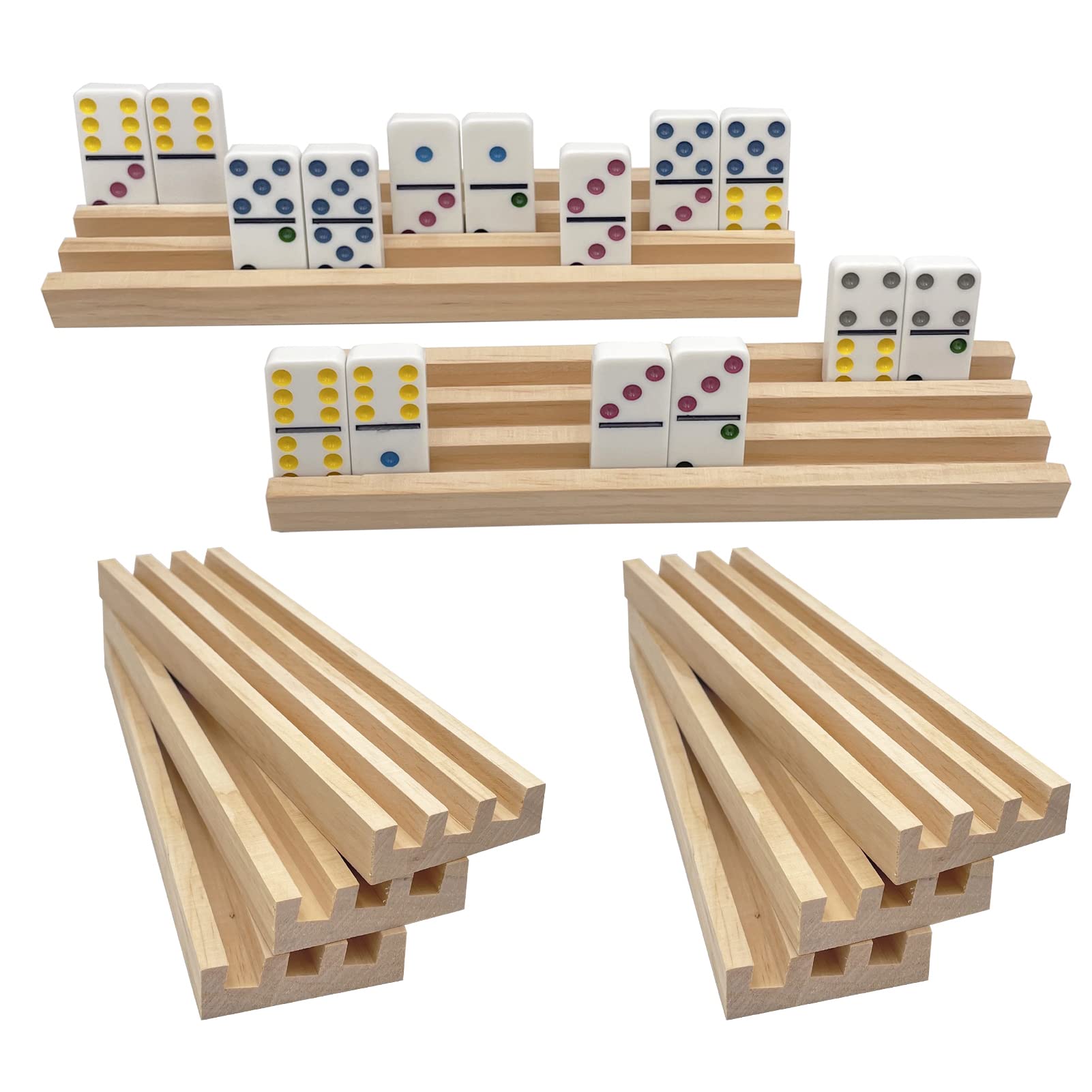 Premium Pinewood Domino Racks/Trays - Set of 8 for Mexican Train Dominoes, Chickenfoot Dominoes and Other Domino Games - Dominoes NOT Included