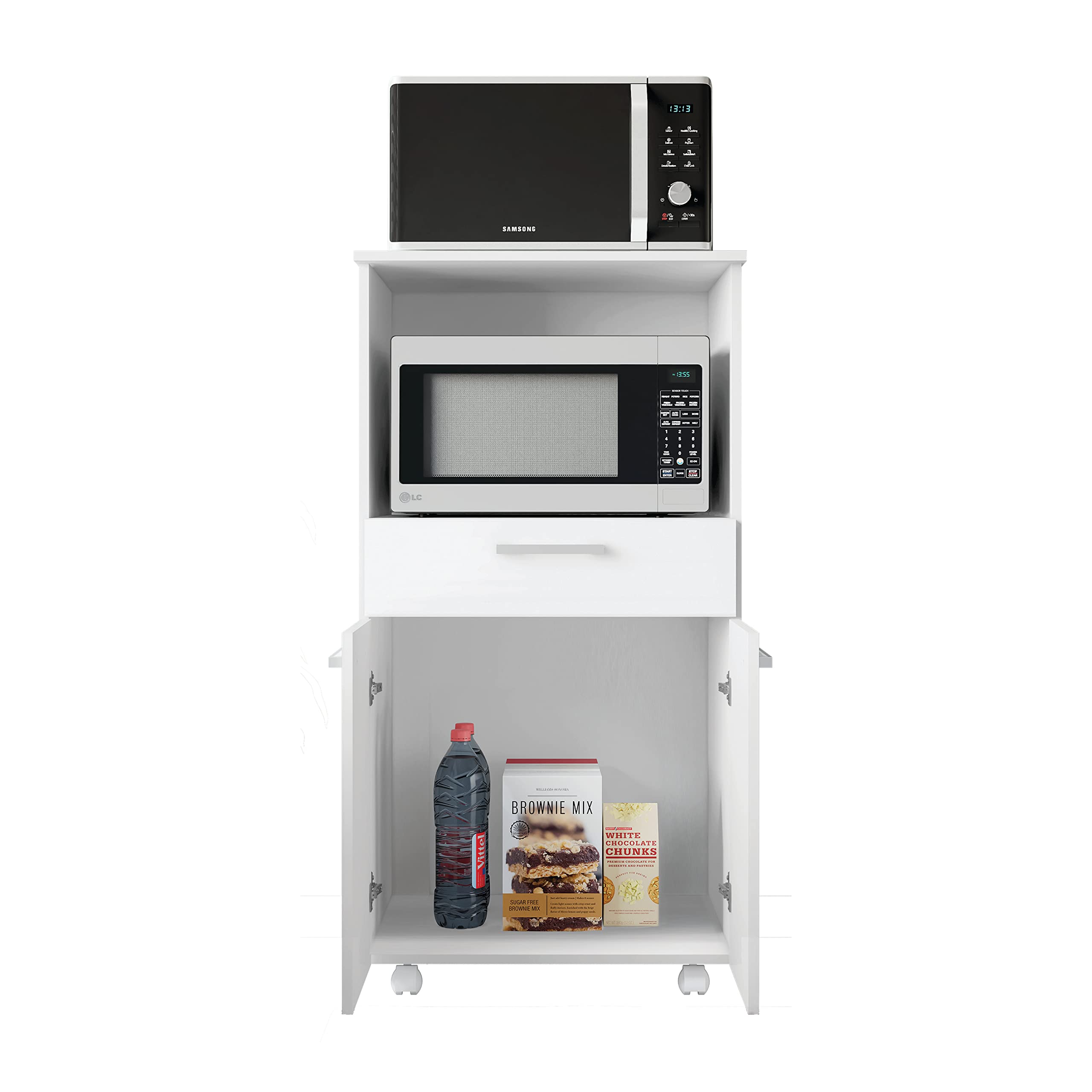 Buyqualia Mueble de Cocina para microondas con Ruedas, aparador Auxiliar en Color Blanco (Alto 118cm / Ancho 61 cm/Fondo 49 cm)