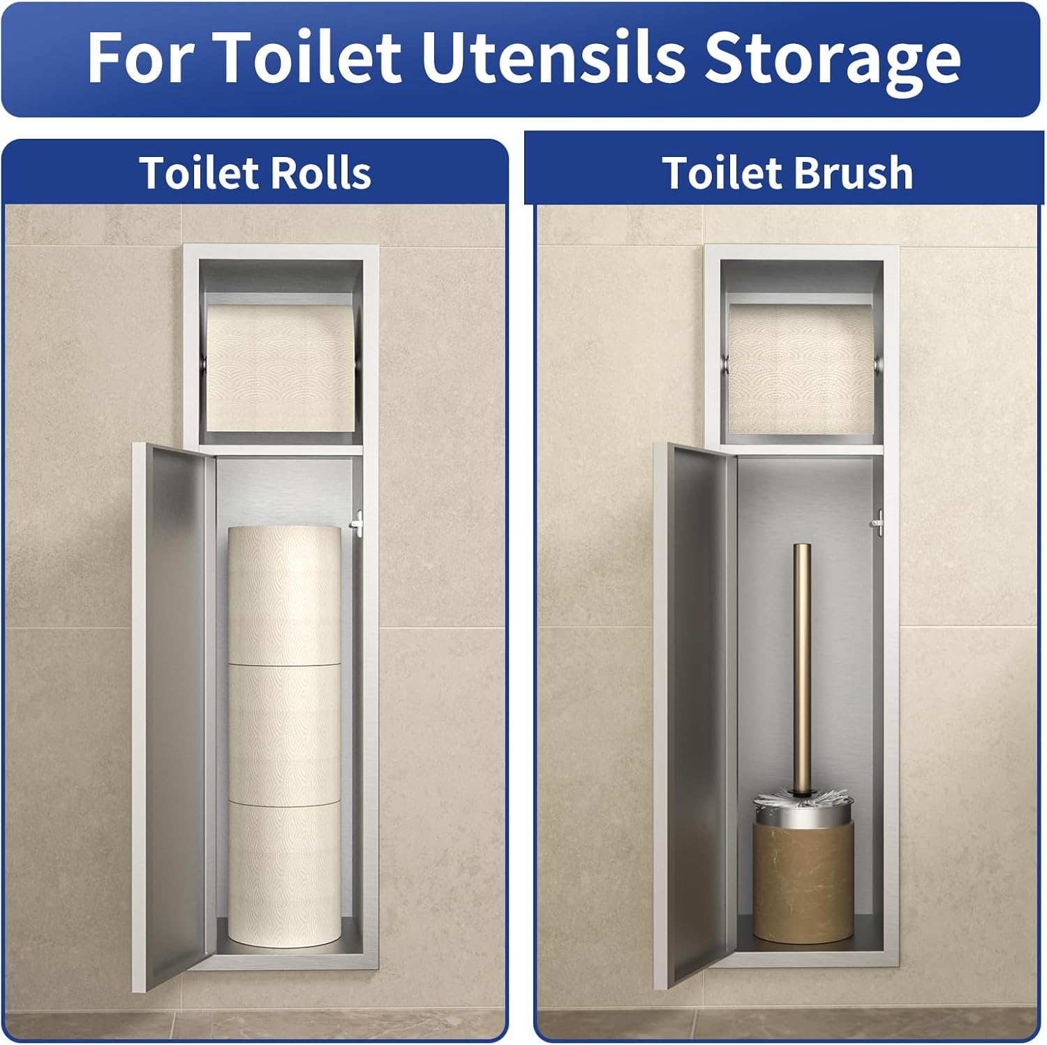 Toilet Paper Niche, Recessed Toilet Brush Holder with Cabinet, 304 Stainless Steel Toilet Paper Holder for Bathroom Renovation (Silver)