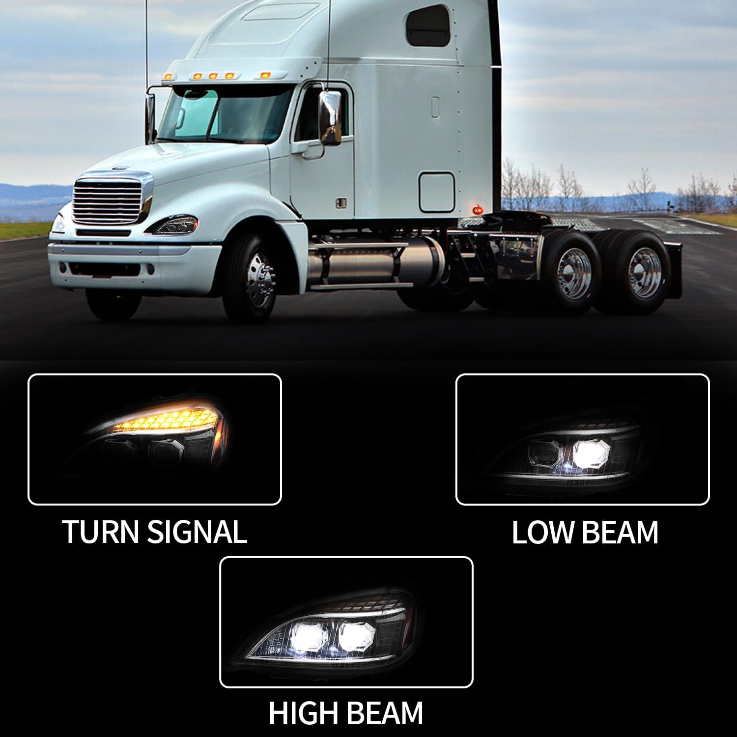 LED Headlights Assembly fit For 2004-2017 Freightliner Columbia, Chrome Housing And Amber Reflector Headlamps (Black)
