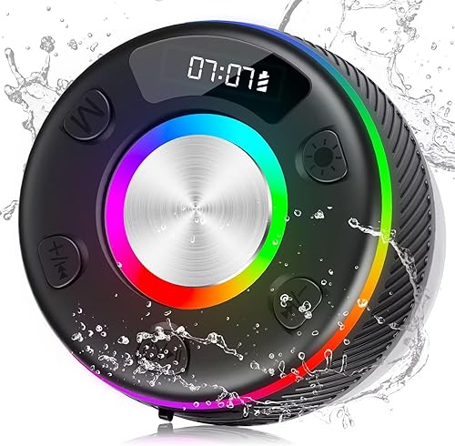 Altavoz de ducha Bluetooth, altavoces portátiles Bluetooth 5.3 con sonido HD, IPX7 impermeable, luz RGB colorida, pantalla LED, radio FM, llamada