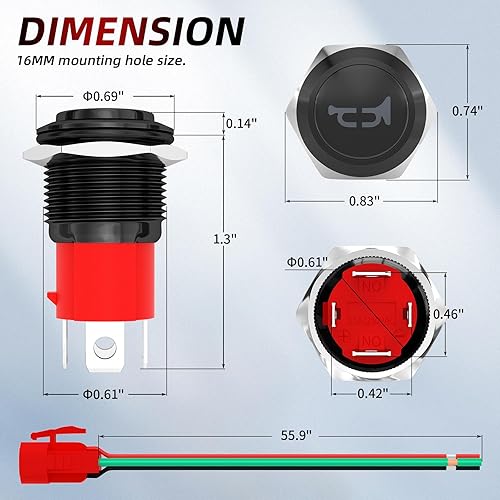 Miniatura 2 de Joinfworld Interruptor de botón de bocina 12V 20A Heavy Duty 16MM Bocina de altavoz de metal Momentario Botón pulsador azul LED Interruptor de acero