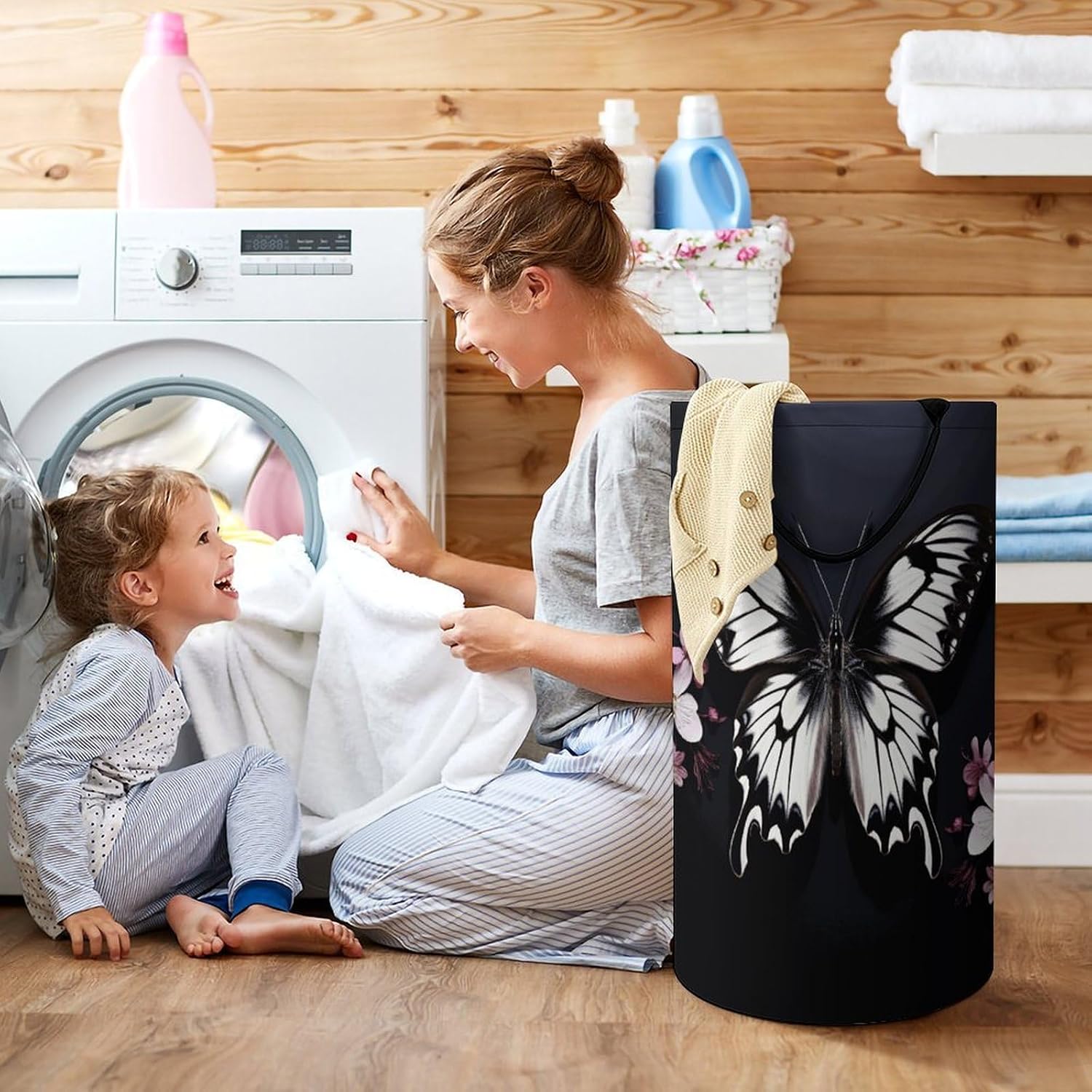 Large Laundry Hamper with Handles Black White Butterfly Laundry Basket Freestanding Waterproof Clothes Hamper for Living Room Bedroom Bathroom College Dorm