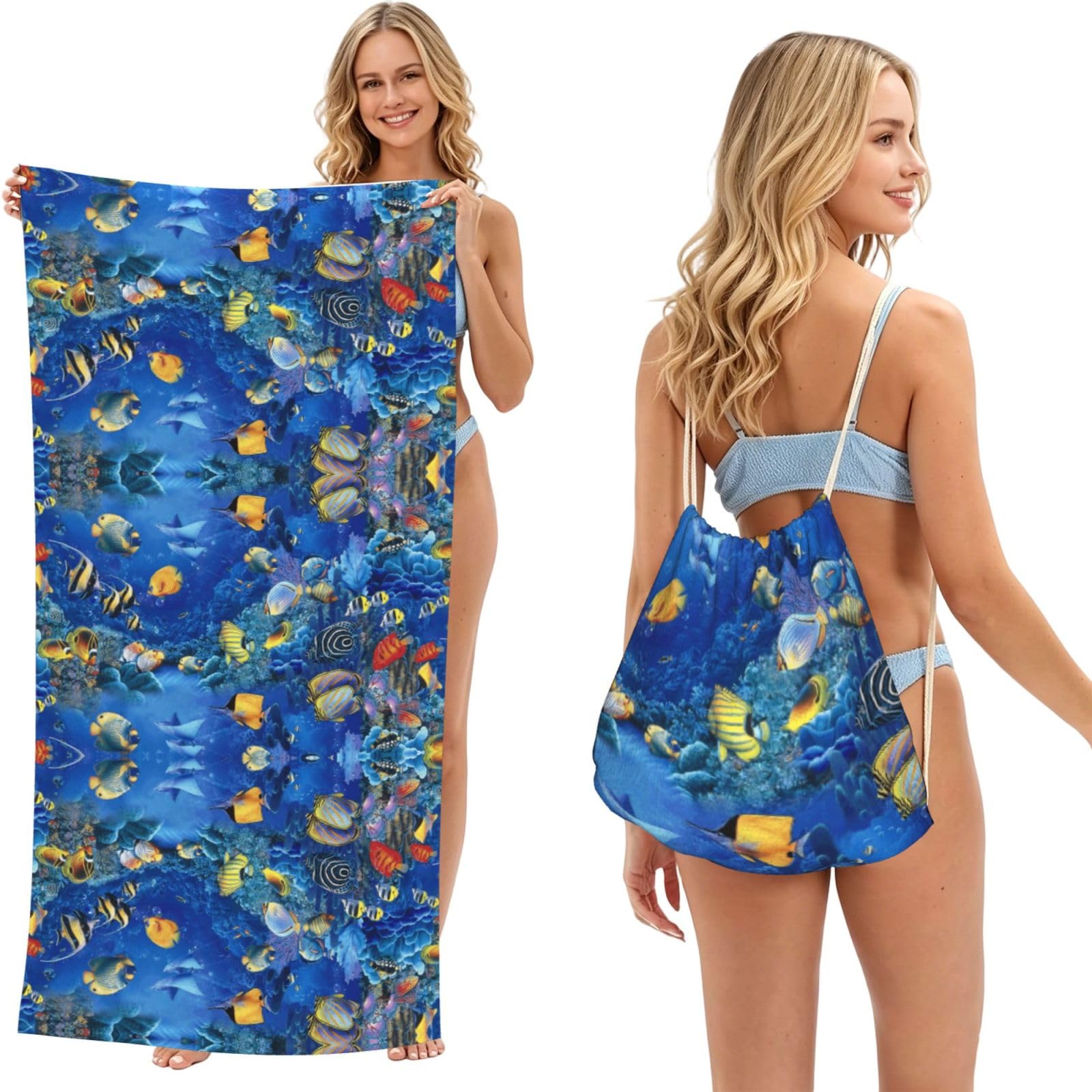 ESNAIUVCD Tropical Fishes Print Beach Towel For Adults,Towel With Drawstring Bag, Travel Pool Swimming Sports Shower Sand Free Quick Dry Bath Towel For Pool, Beach, Yoga- 180x60cm