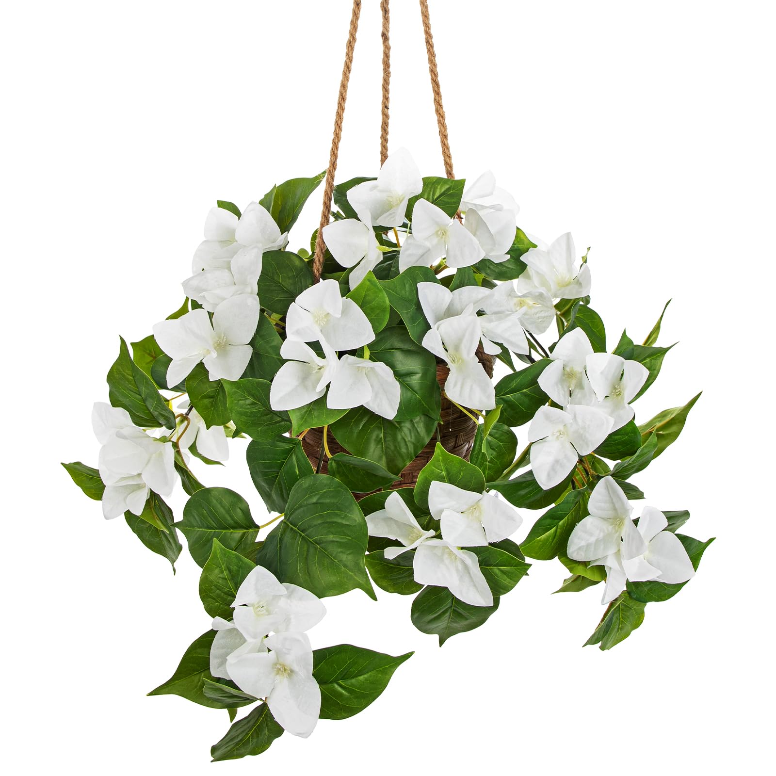 Briful Artificial Bougainvillea Flowers Hanging Basket - Silk Flowers Hanging Plants in Rustic Woven Basket with Jute Rope - White Bougainvillea Faux Flower Indoor/Covered Outdoor DΓ©cor