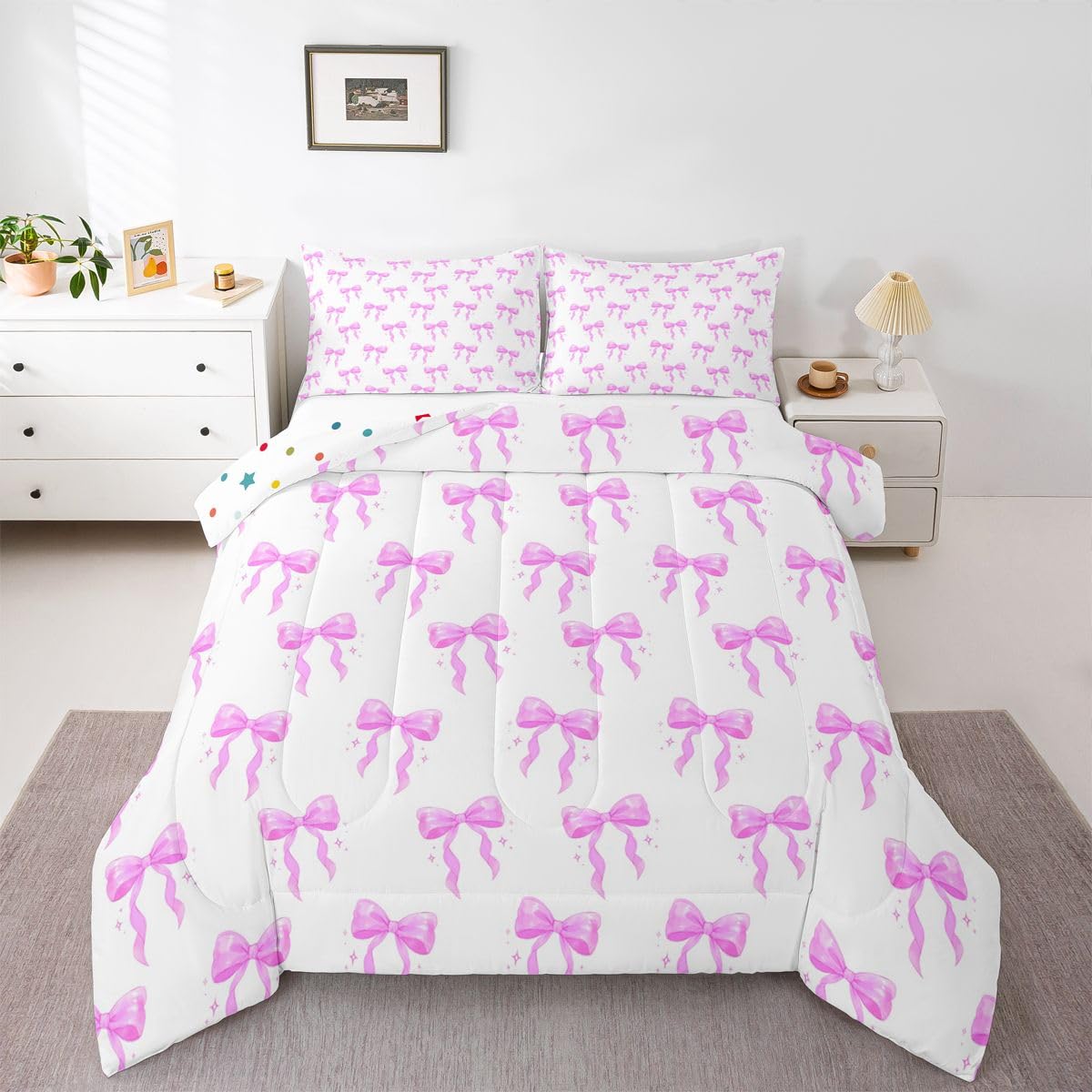 Homewish Dziecięcy uroczy zestaw pościeli z kokardą podwójny- różowa kokardka zestaw pościeli marzycielska księżniczka kokarda kołdra zestaw - kawaii urocza kołdra bez pokrowca