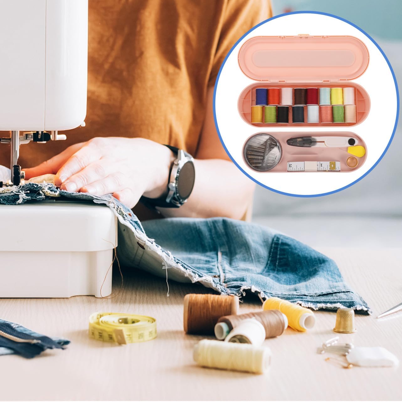 Portable Sewing Kit Household Double Layer Storage with Thimble