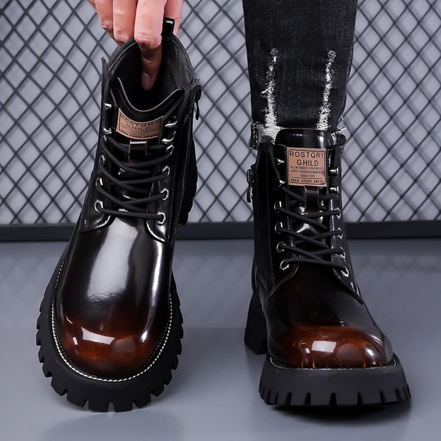 Men'S Leather Platform Combat Ankle Boots Fashion Comfort Side Zipper Round Toe Lace Up Chunky Lug Sole Non Slip Motorcycle Boots For Business Work