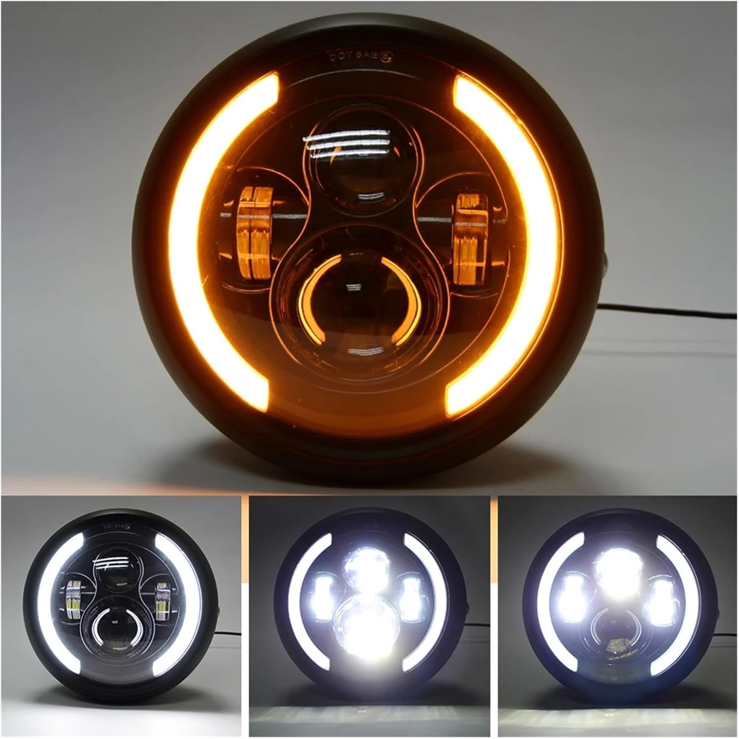 7.5 inch Universal Cafe Racer Round Motorcycle LED Head lamp Headlamp Distance Light Refit 7.5" Motorcycle Headlight Cafe Racer(Black bracket)