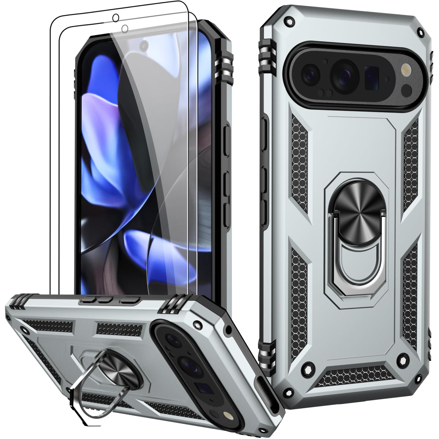 LUMARKE for Google Pixel 9 Pro XL Case with Screen Protector,Pass 16ft. Drop Tested Military Grade Protective Phone Cover with Magnetic Ring Kickstand Compatible with Car Mount Holder Silver