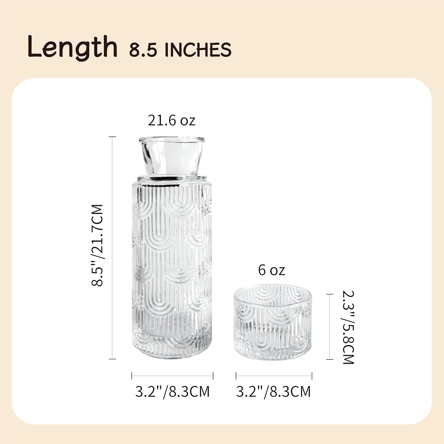 Glass Water Carafe with Cup, 22oz Lead-Free Bedside Night Water Pitcher with Drinking Glass, Textured Ribbed Design for Bedroom, Mouthwash Dispenser for Bathroom (Clear) - Image 5