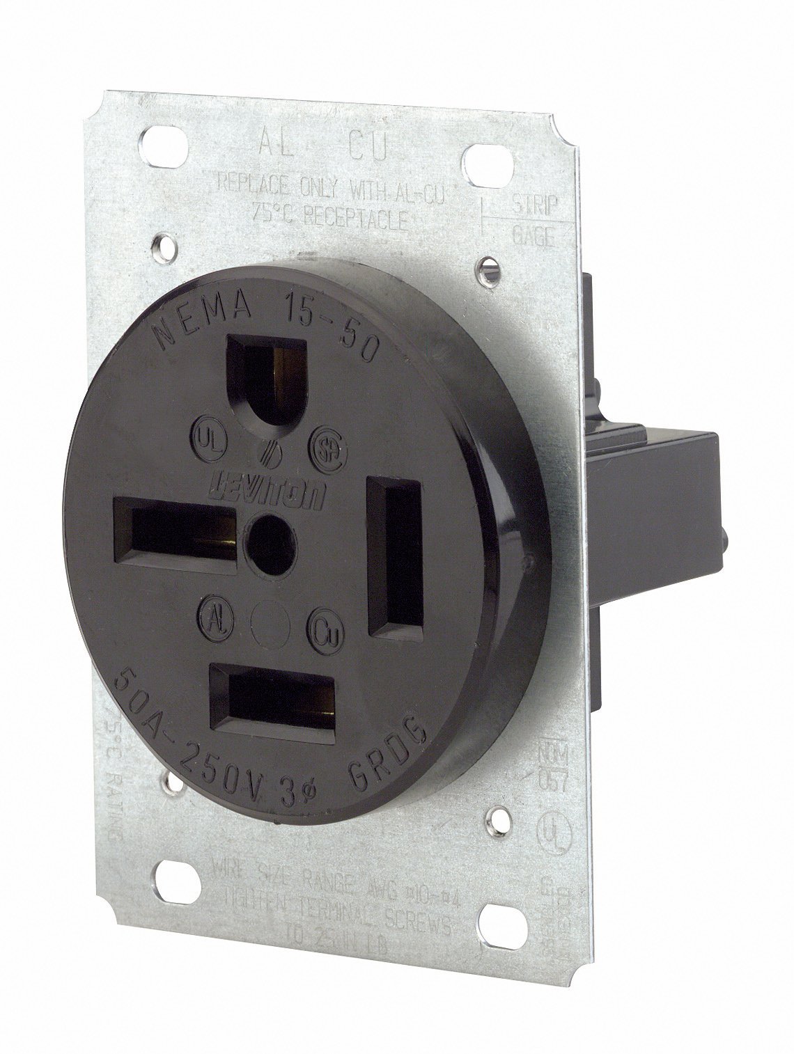 Leviton 50 Amp, 250 Volt, Flush Mounting Receptacle, Straight Blade, Industrial Grade, Grounding, 8450, Black