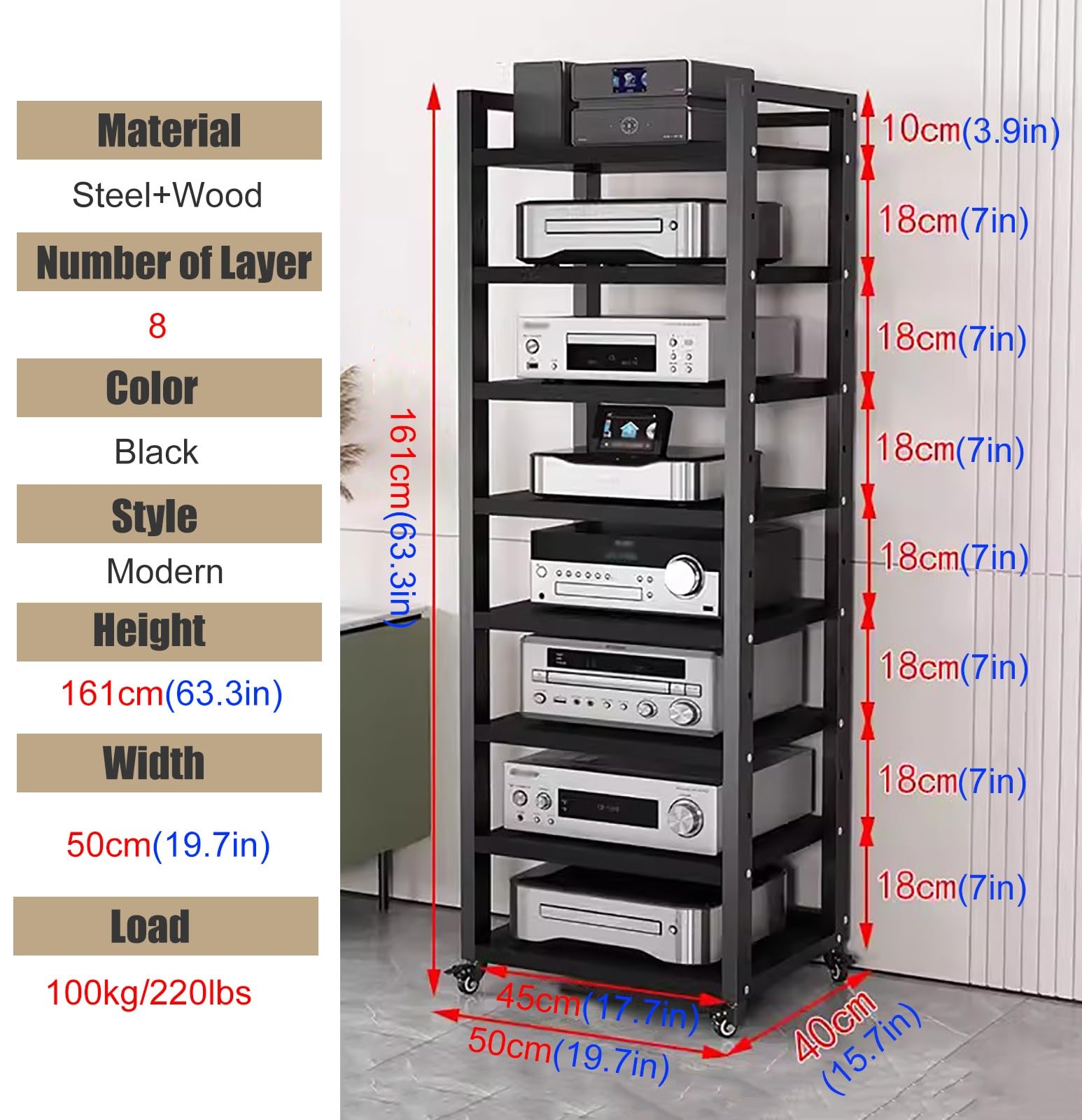 7 8 6 5-Poziomowy Stojak/Szafka Na Sprzęt Stereo, Wysoki, Wytrzymały Stojak Na Sprzęt Audio-Wideo Z Regulowaną Półką, Ruchome Półki Na Sprzęt Stereo Do Salonu/（Black-#1-8 Tier）