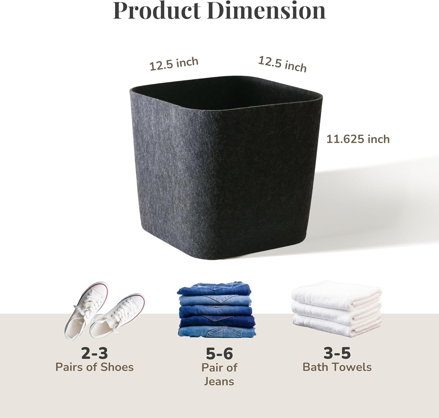 SortJoy The Original Sculpted Bin Set of 3 Storage Bin Felt Storage Basket Drawer Organizer Clothes Closet Cabinet Bathroom, Pantry, Kitchen 12.5" x 12.5" x 11.63" (Carbon, Dark Grey)