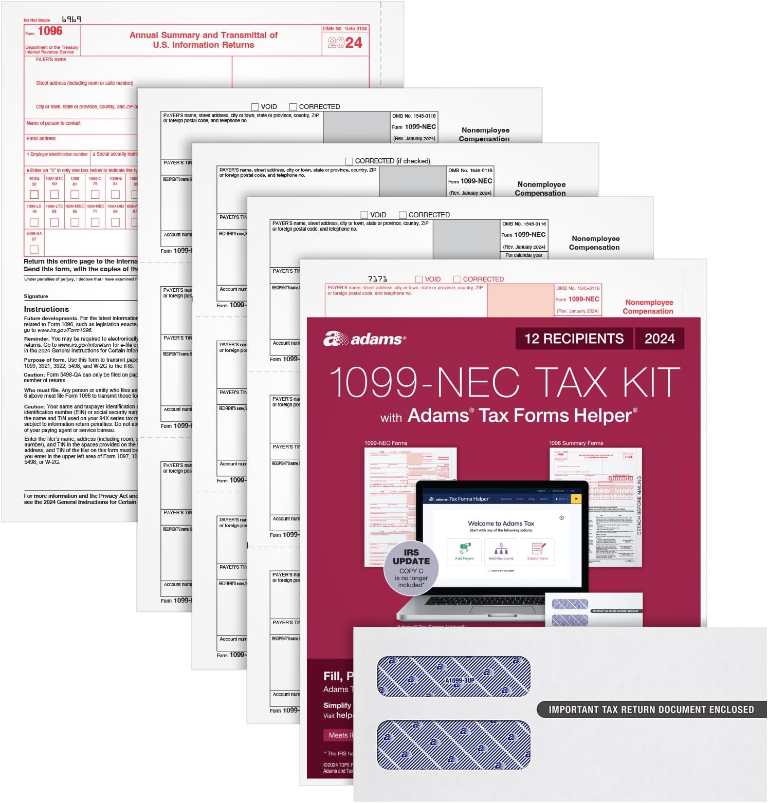 Adams 2024 1099 NEC Kit for 12 Recipients, 4 Part Laser 1099 Forms, 3 1096 Forms, Self Seal Envelopes & Access to Adams Tax Forms Helper (1009316)