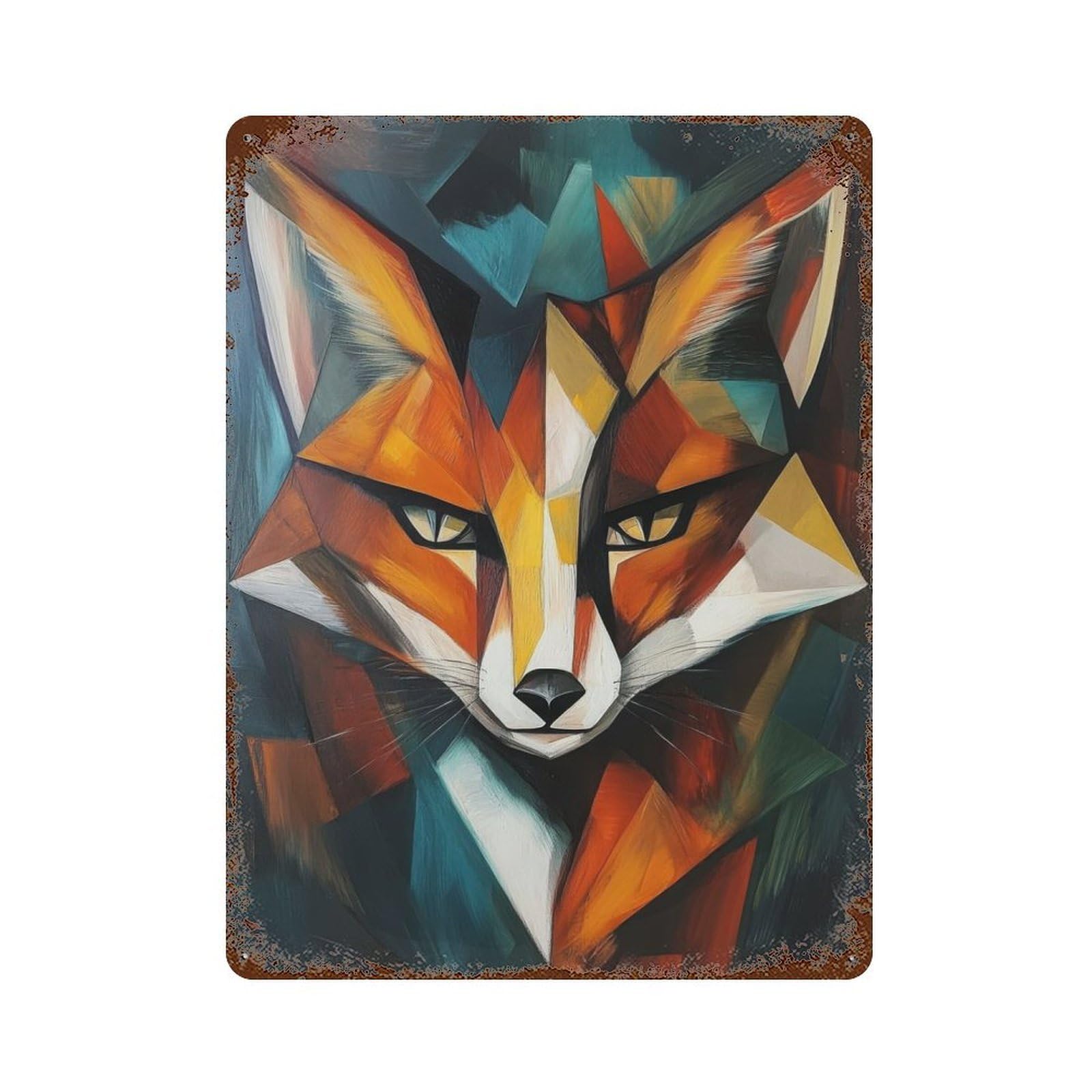 Garage Style Fox Oil Painting Rustic Tin Plaque 15.7"x11.8", Classic Wall Plaque for Bar And Workshop
