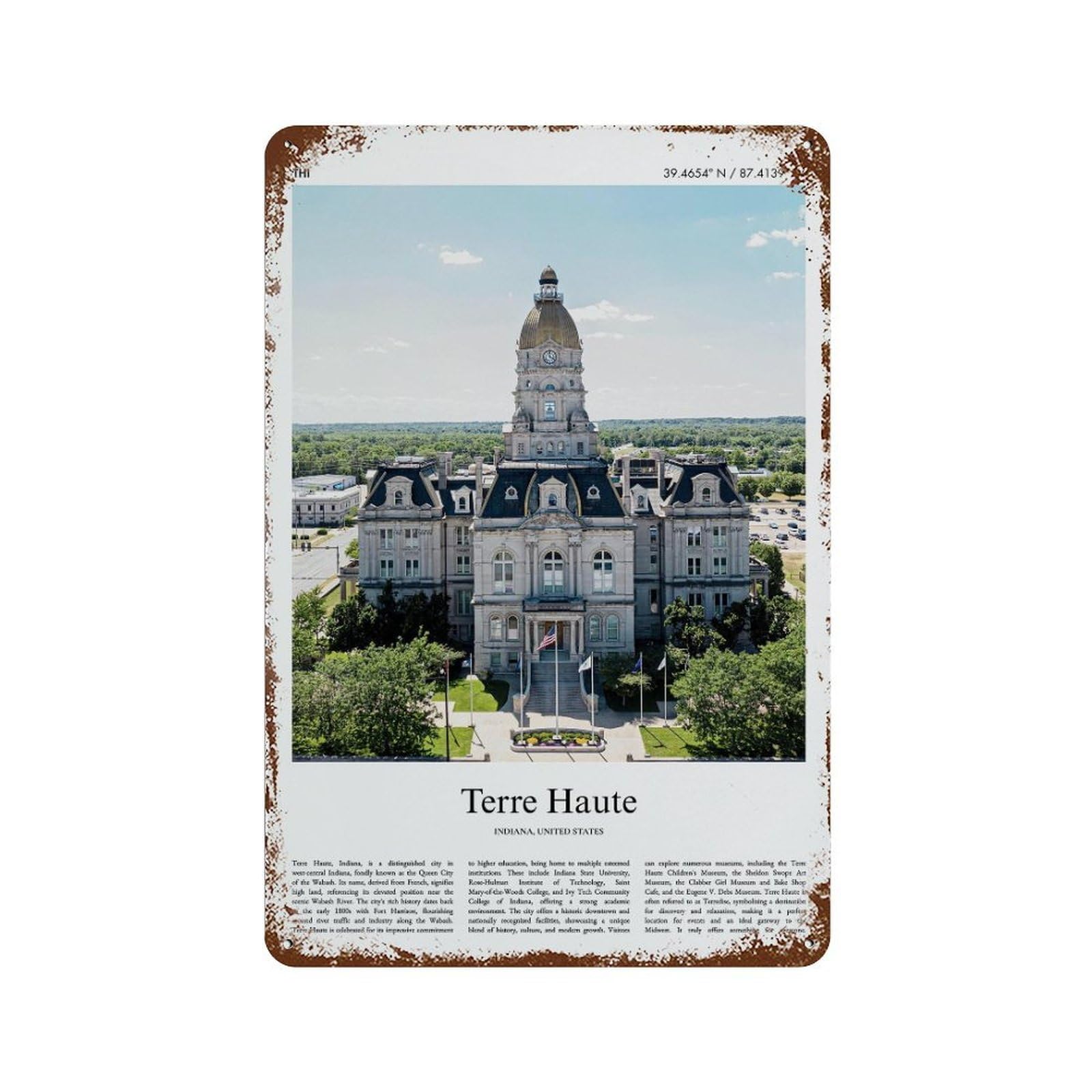 xiaoxiaoshen Terre Haute Indiana, United States, USA City Scenery Wall Decor Art Metal Tin Poster Modern Home Decor Art Home Bar Shop Decorations Vintage Sign 30x20cm