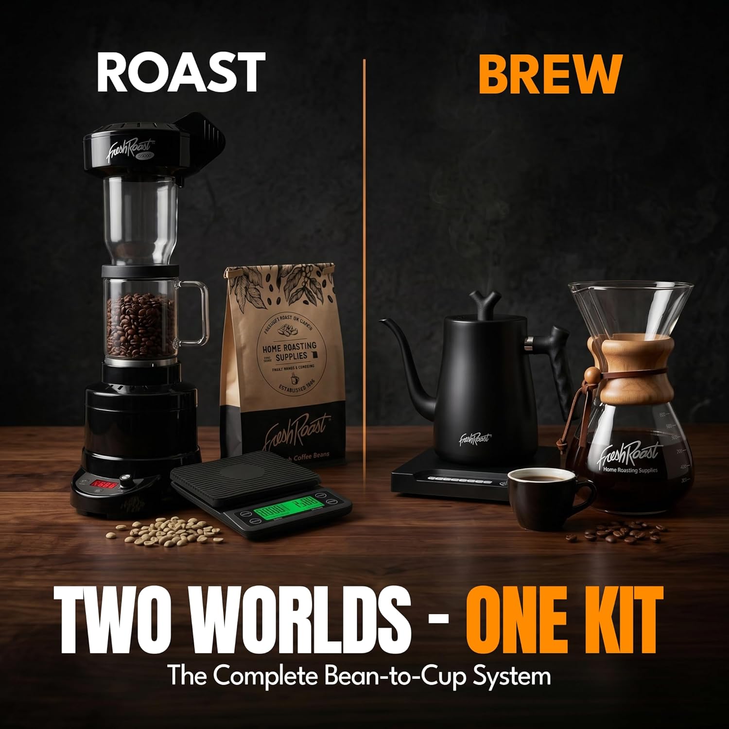 Coffee Roaster Bundle SR800, Glass Extension Tube, Pour Over Digital Scale, 800ML Glass Pour Over, Electric Kettle, (2lbs) Sample Pack of Green Beans, (2-Pack) Sample Trays, Chaff Brush
