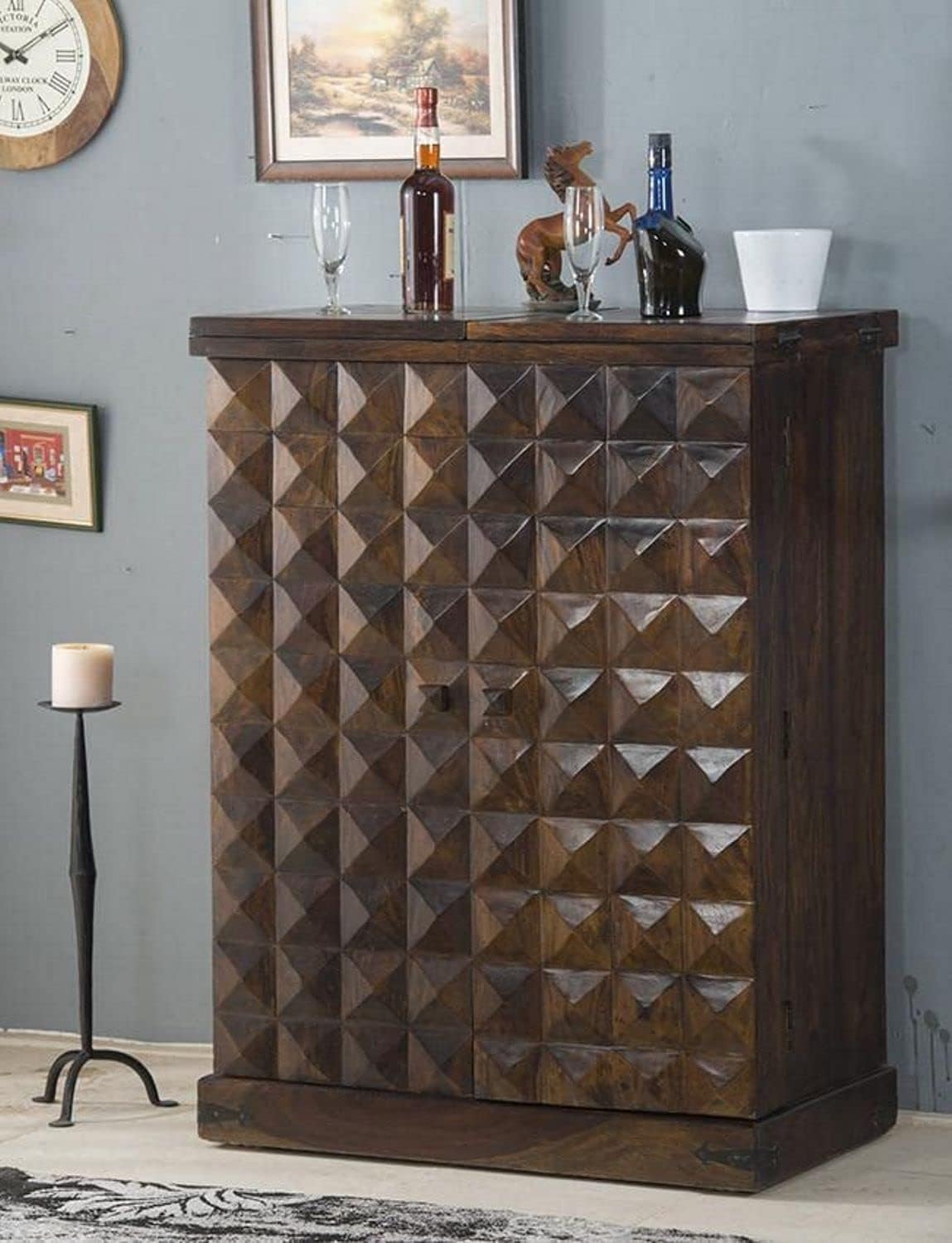 GHROYAL Solid Sheesham Wooden Bar Cabinet with Storage Mini Bar Cabinet Wine Storage Rack Furniture for Living Room Home Hotel & Restaurant (Walnut Finish)