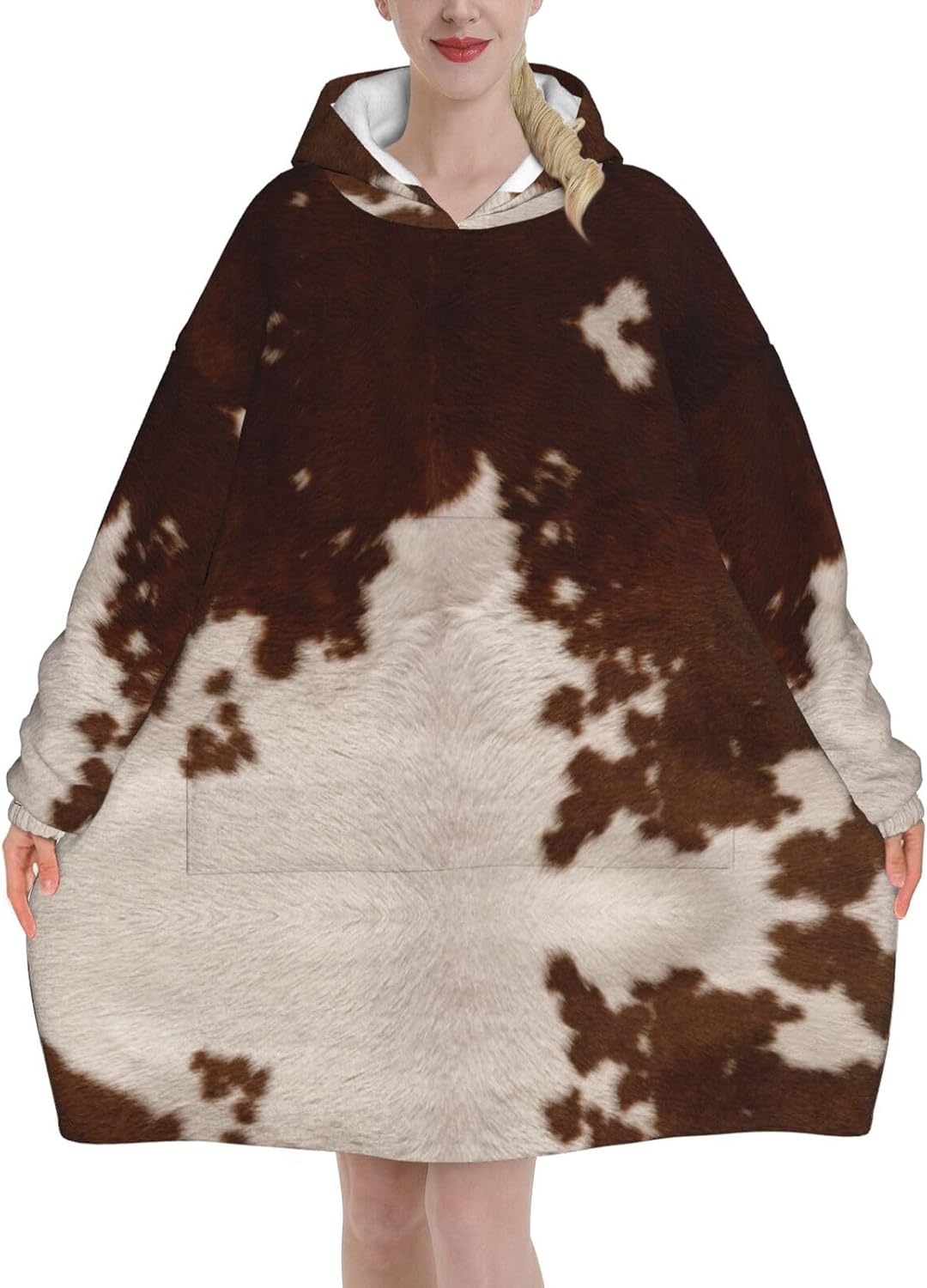 MUSM Red Brown Cowhide Print Blanket Hoodie Fleece Sweatshirt Blanket With Sleeves And Pockets