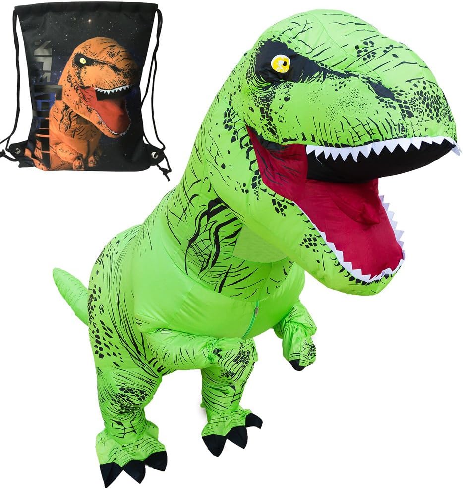 LUCKYSUN Adult T-Rex Dinosaur Inflatable Costume Green With Exclusive Drawstring Bag