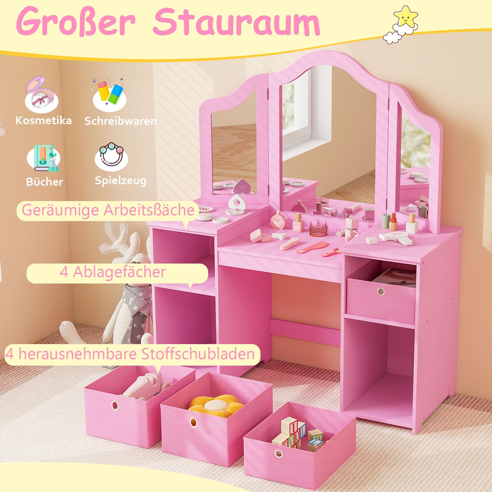 GOPLUS Kinder Schminktisch mit Stuhl, Prinzessin Frisiertisch mit mit abnehmbarem Spiegel, Kosmetiktisch Holz (Rosa mit Stuhl & Box)