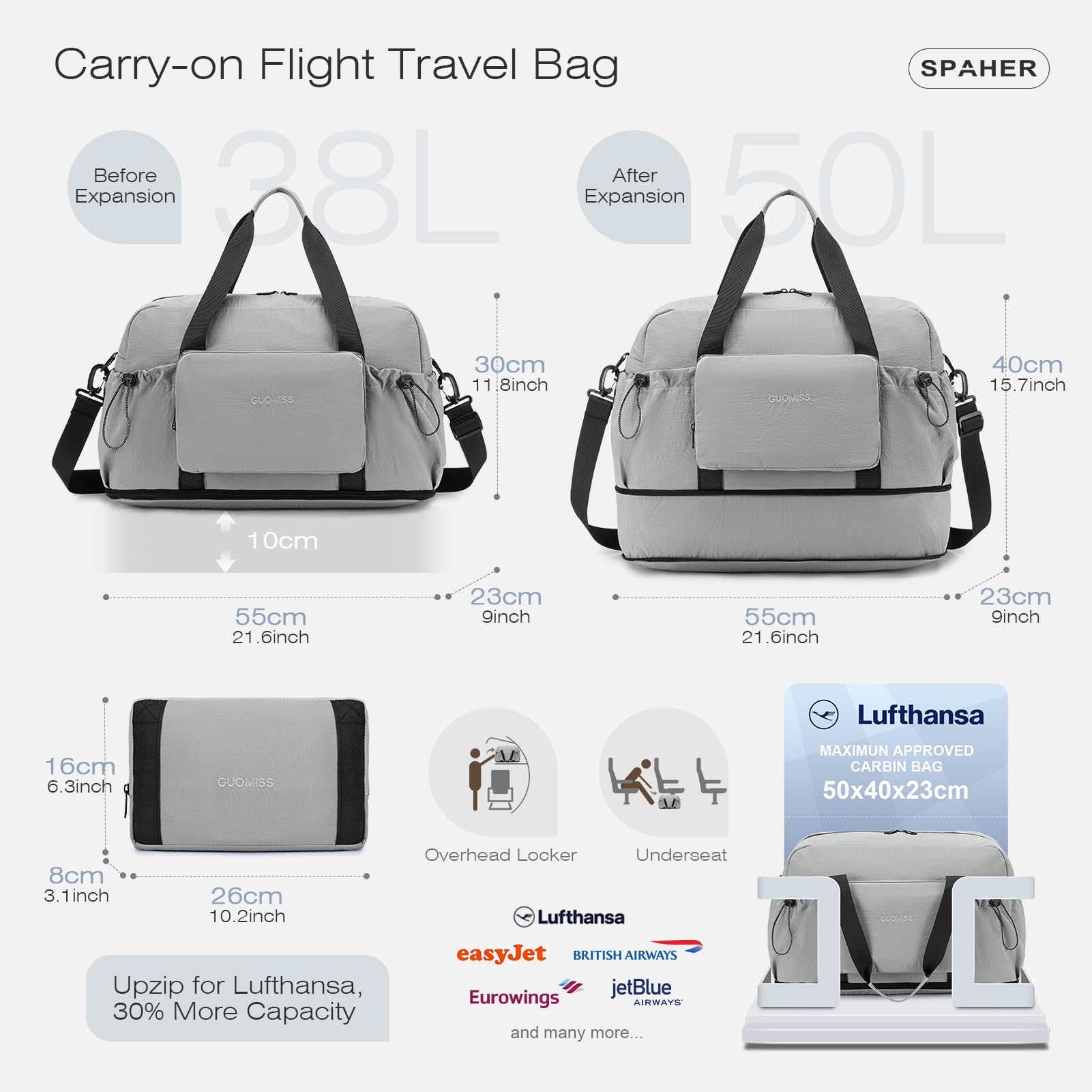 SPAHER Expandible Bolsa Viaje Cabina Avion 55x40x23 Lufthansa Wizzair Equipaje de Mano Plegable Bolsa Deporte Gimnasio Maternidad Hospital Gym Travel Cabin Bag Grande Impermeable Mujer Hombre, Negro