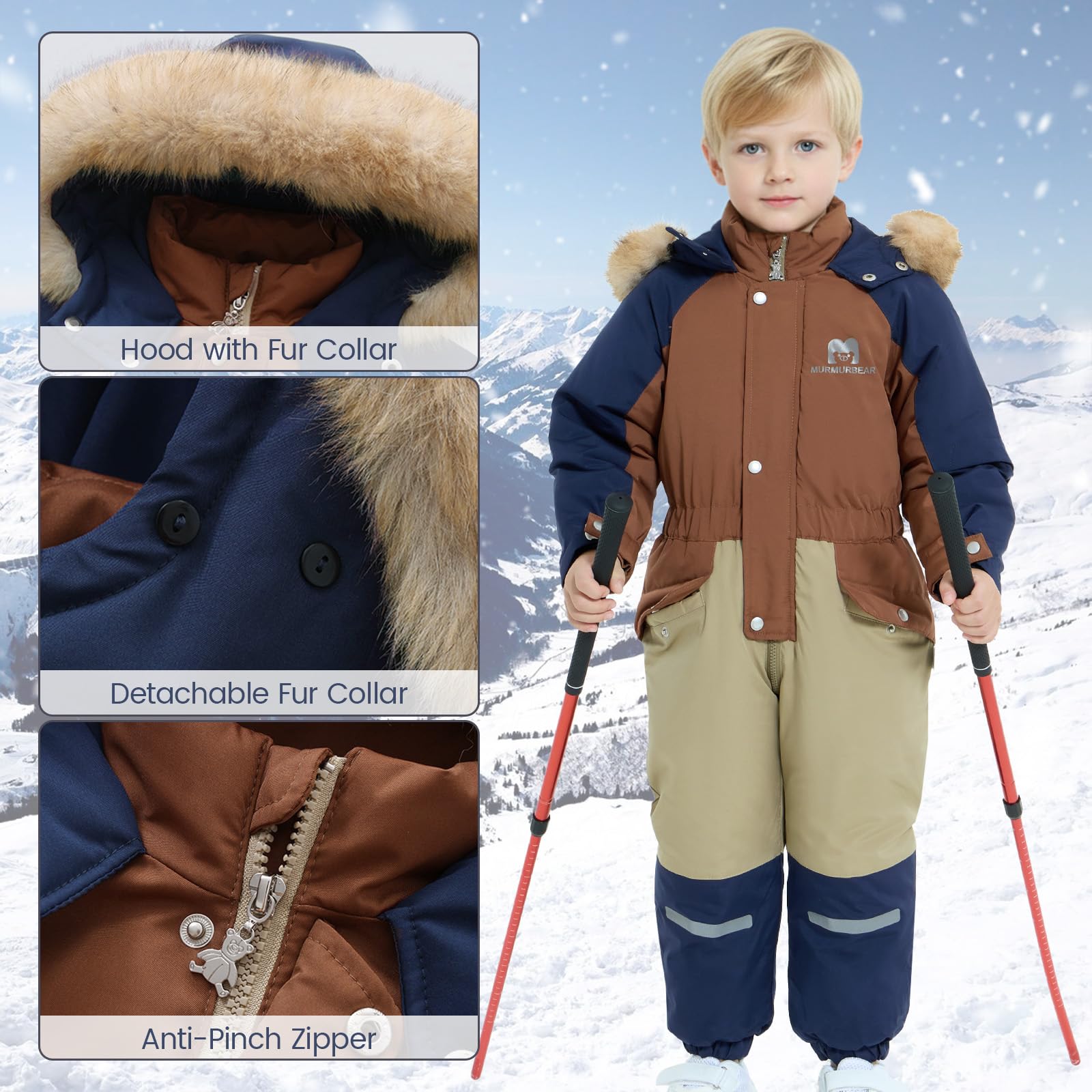 JiAmy Combinaison de ski pour enfant, garçon et fille, avec capuche, doublure en polaire, pour bébé de 1 à 6 ans