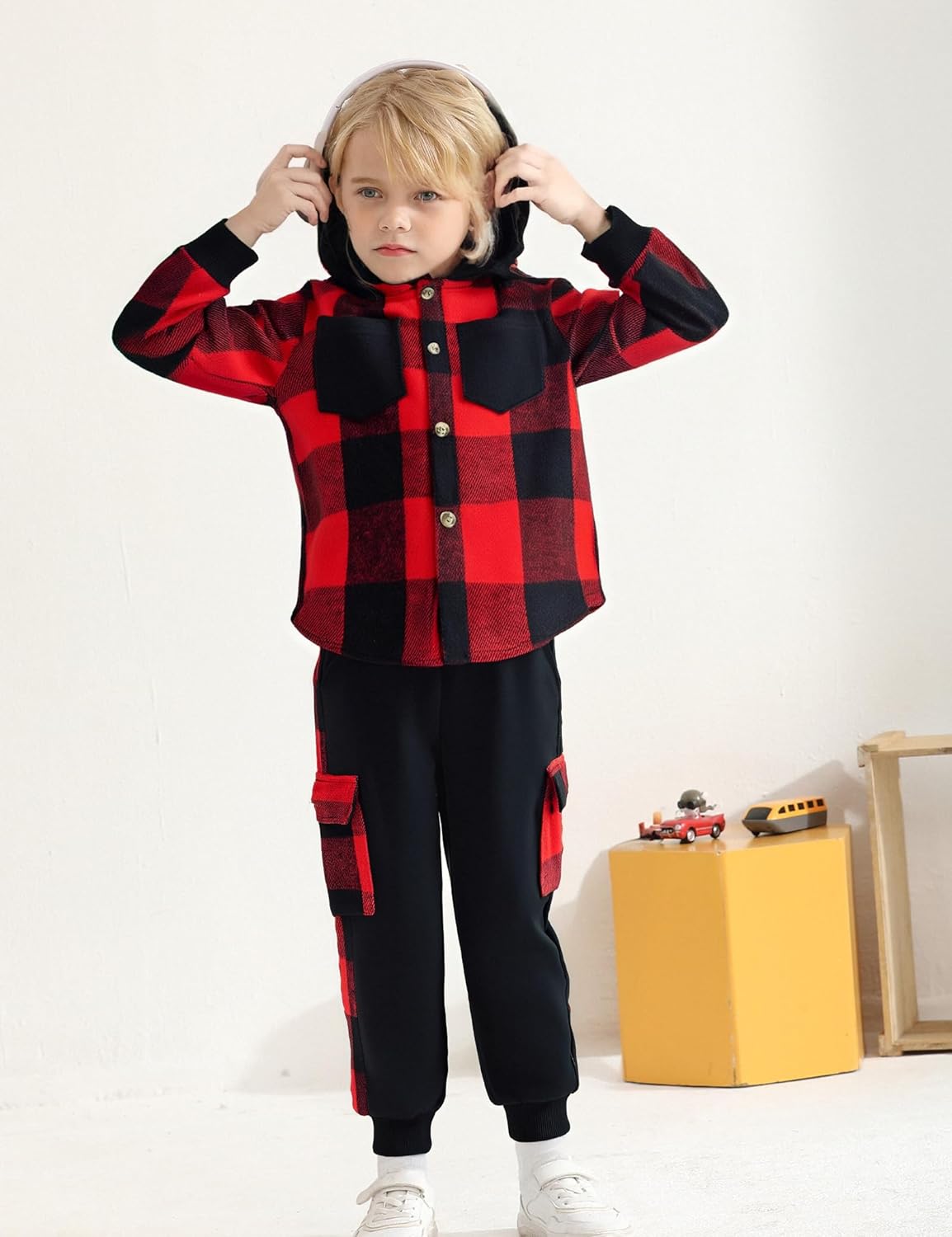 Boy Clothes Flannel Plaid Shirt Tops Pants Set Hoodie Sweatsuit+White T-shirt 3Pcs for Fall Winter Spring Outfits