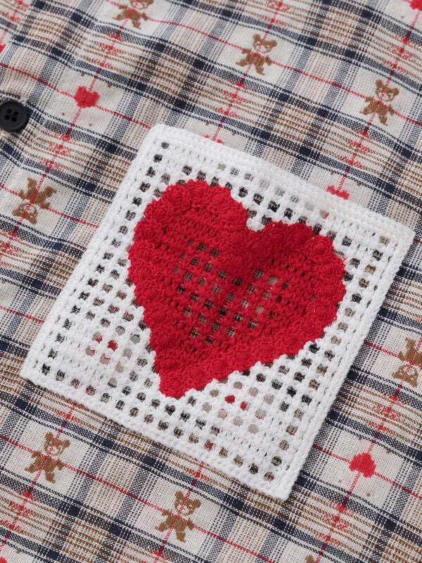 Aelfric Eden Cut-Out Heart Short Sleeve Shirt Collar Button Down Plaid Casual Tshirt Tops3