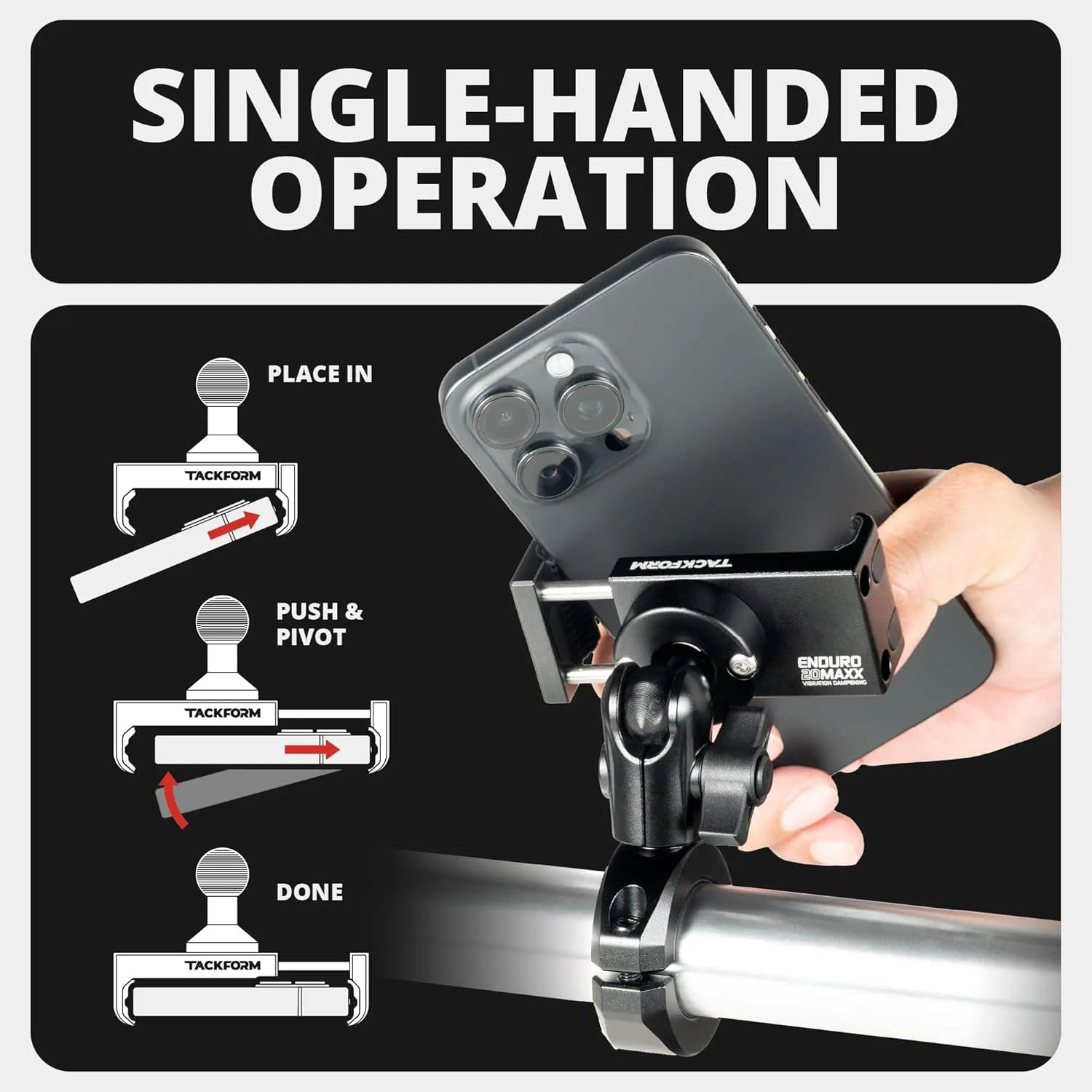 Tackform Black Motorcycle All Metal Phone Mount - Vibration Dampening 20MAXX Spring Cradle | Universal Clamp Fits 7/8" to 1-1/4" Handlebars | Compatible with iPhones, Galaxy, More | Short Reach Arm
