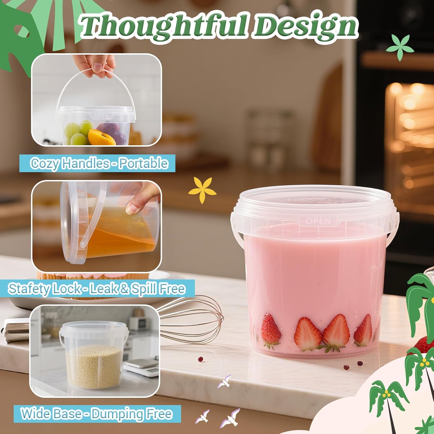 Clear Plastic Cups with Lid and Straw, Reusable Drink Bucket with Handle for Iced Coffee, Smoothie, Ice Cream - Sturdy Food Safe Party Cups for Pool, Beach, Birthday Parties (50Pack, 32 oz)