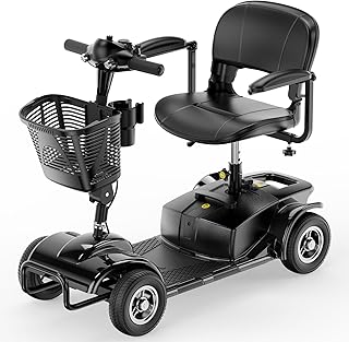 4 Wheel Mobility Scooters for Adults，Electric Power Mobile Scooters for Seniors，Foldable and Compact Heavy Duty Travel Scooter with Basket，Lights，Long-Lasting Battery and Cup Holder