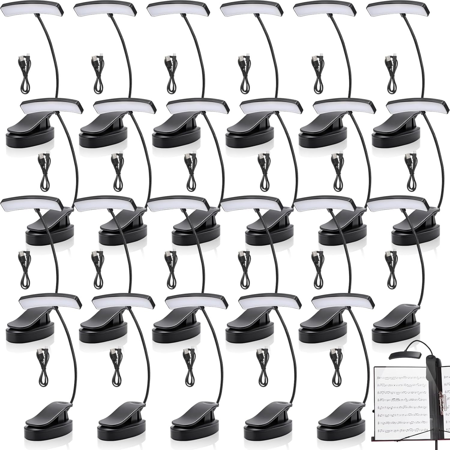 24 Pcs Music Stand Light Clip on 10 LED Reading Light USB and AAA Battery Operated LED Book Lamp for Piano, Book Reading, Craft Work (Includes USB Charging Cable, No Battery)
