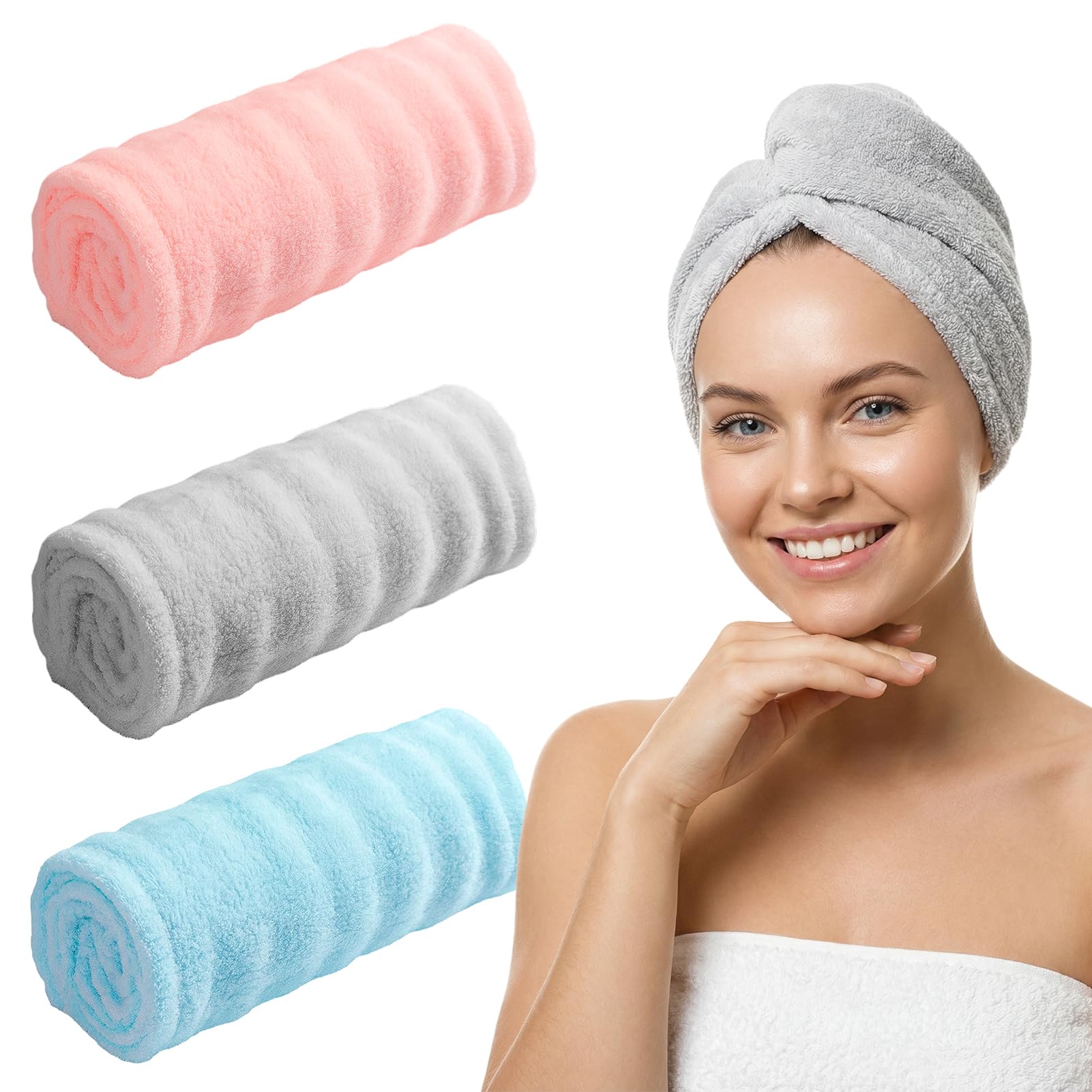 Asciugamani per Capelli a Turbante 3 Pezzi Turbante Asciugacapelli Forte assorbimento d'acqua Asciugamano Capelli Turbante in Microfibra Asciugamano per Capelli per Capelli Ricci Lisci