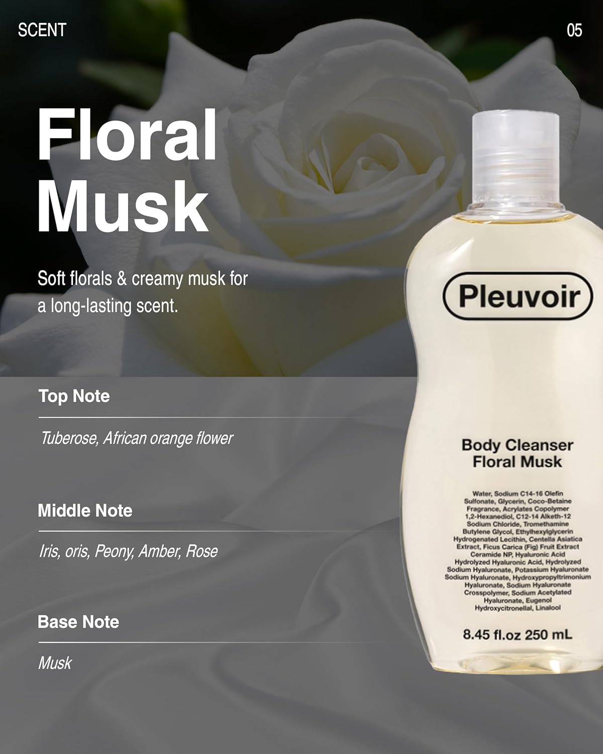 Pleuvoir Luxury Perfume Body Wash Floral Musk - French MANE Fragrance (Tuberose, Iris & Musk) -Rich Moisturizing Foam with 8 Types Hyaluronic Acid, Ceramides, Shower Gel for Dry Skin 8.45 fl.oz