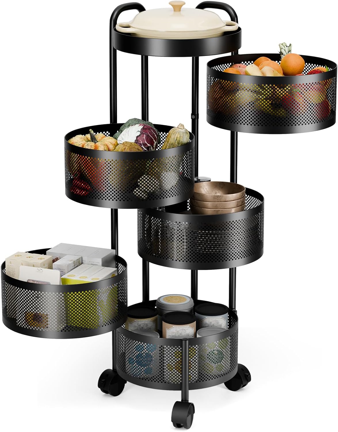 Rotating Storage Rack for Kitchen, Fruit and Vegetable Storage for Kitchen, 5 Tier Kitchen Rotating Storage Rack with Wheels, Kitchen Storage Cart Space Saver Storage Basket (Black), 14091333