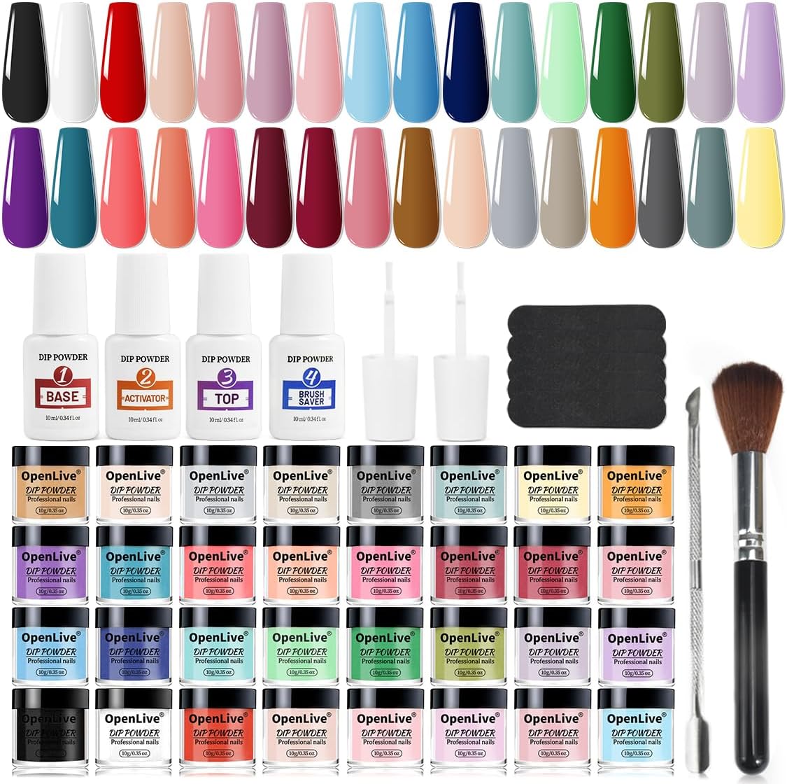 32 Color Dip Nail Powder Starter Kit 36 Bottle Blue Cheese Yellow with Base Top Coat Activator Dip Powder Kit for French Nail Art Manicure DIY Salon
