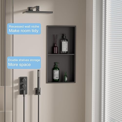 Miniatura 4 de Nicho de ducha de acero inoxidable de doble capa negro mate de 12 x 24 pulgadas, no necesita azulejos, nicho de pared empotrado