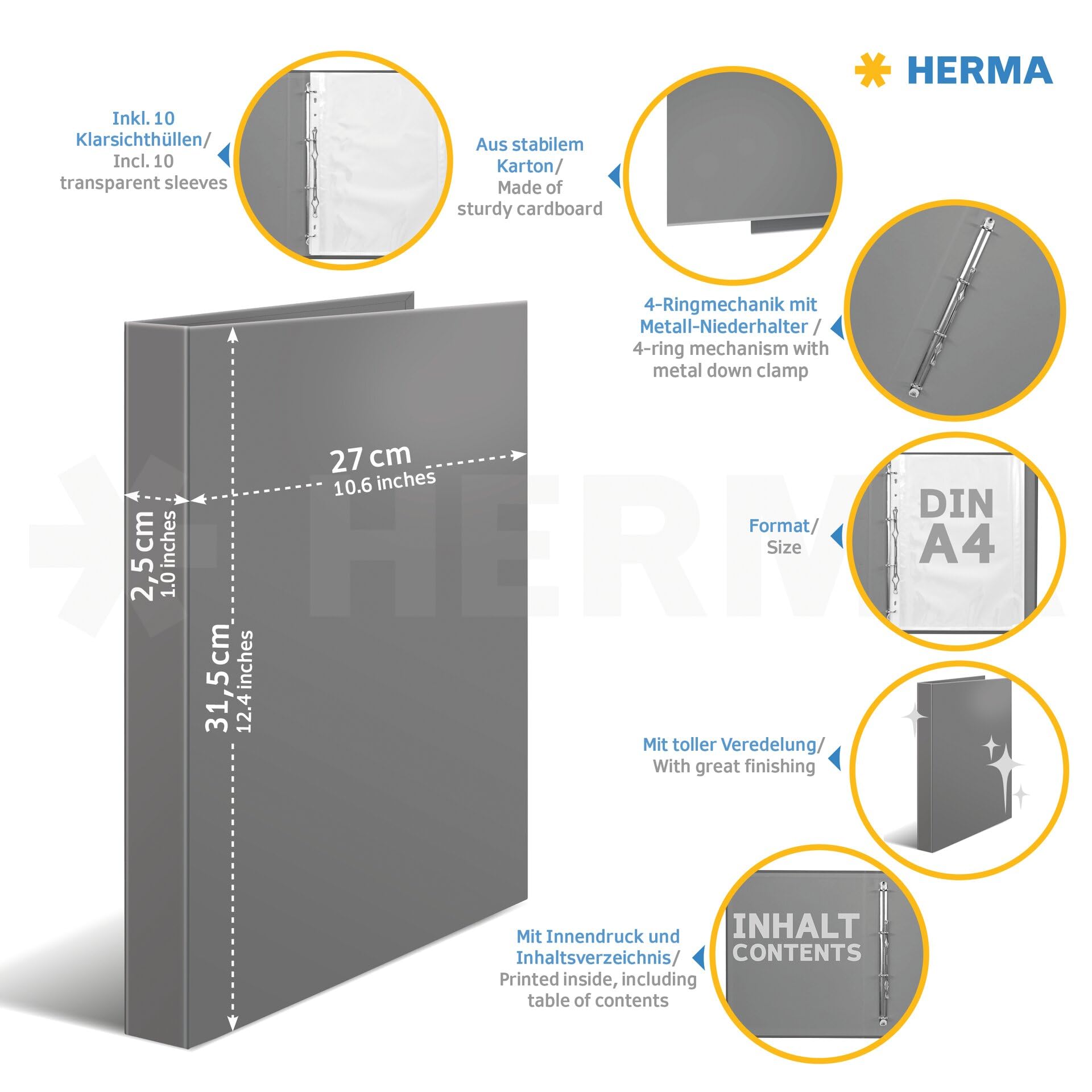 HERMA Carpeta de certificados, tamaño A4, 18 unidades, con 10 fundas transparentes para 20 certificados, certificados y documentos, con impresión interior, mecanismo de 4 anillas y patrón refinado