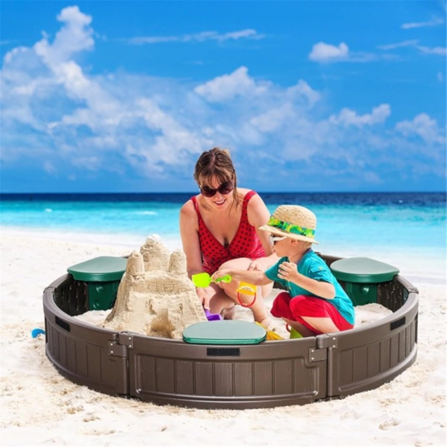 Children's Sandbox, Round Sandbox, 3 Semi-Circular Seat Plates, Oxford Cloth Cover, Polished Smooth Surface, Made of High-Density Polyethylene, Suitable for Children Aged 3-12, Chocolate Brown