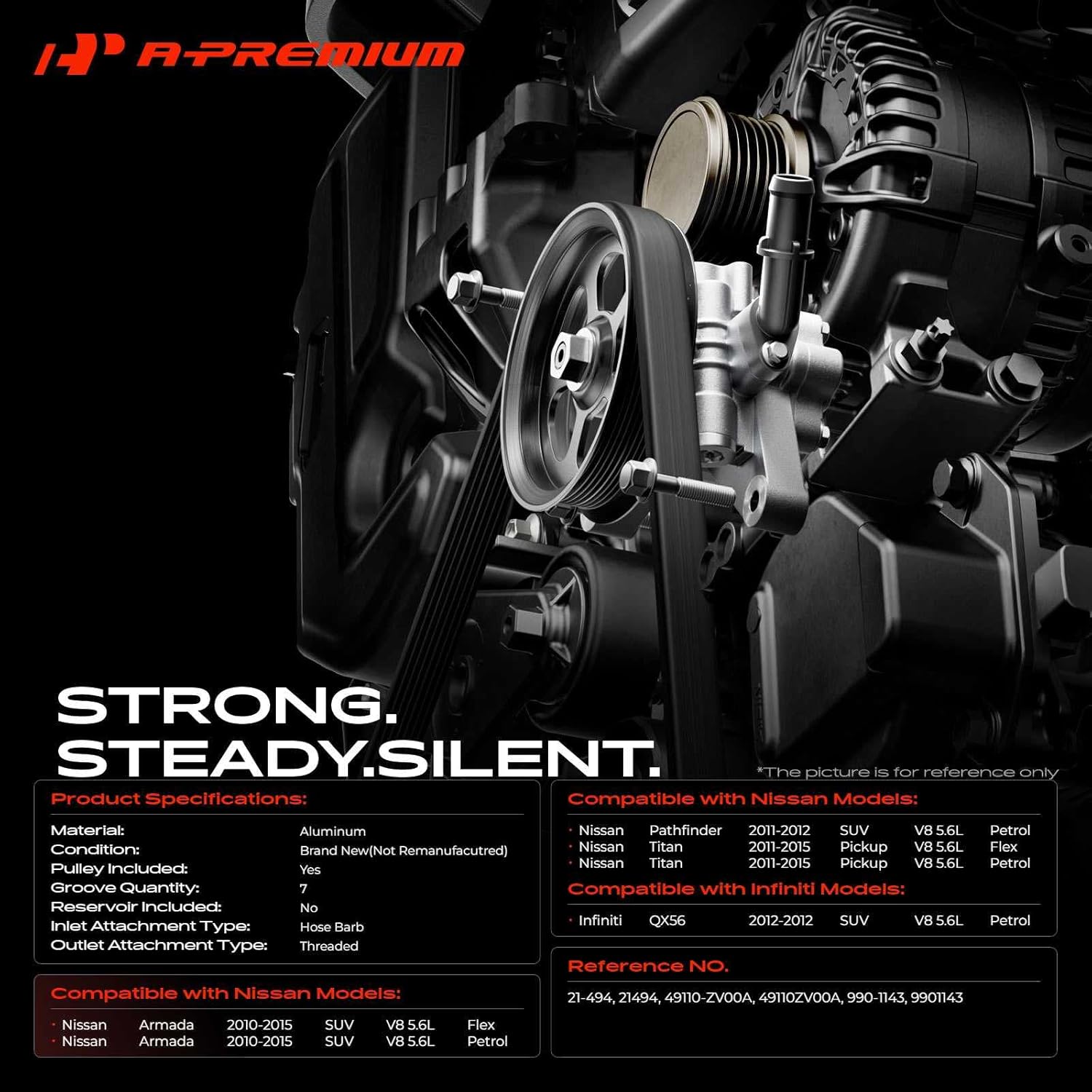 A-Premium Power Steering Pump, with Pulley, Compatible with Nissan Pathfinder 2011-2012, Titan 2011-2015, Armada 2010-2015 & Infiniti QX56 2012, V8 5.6L, Replace # 49110ZV00A