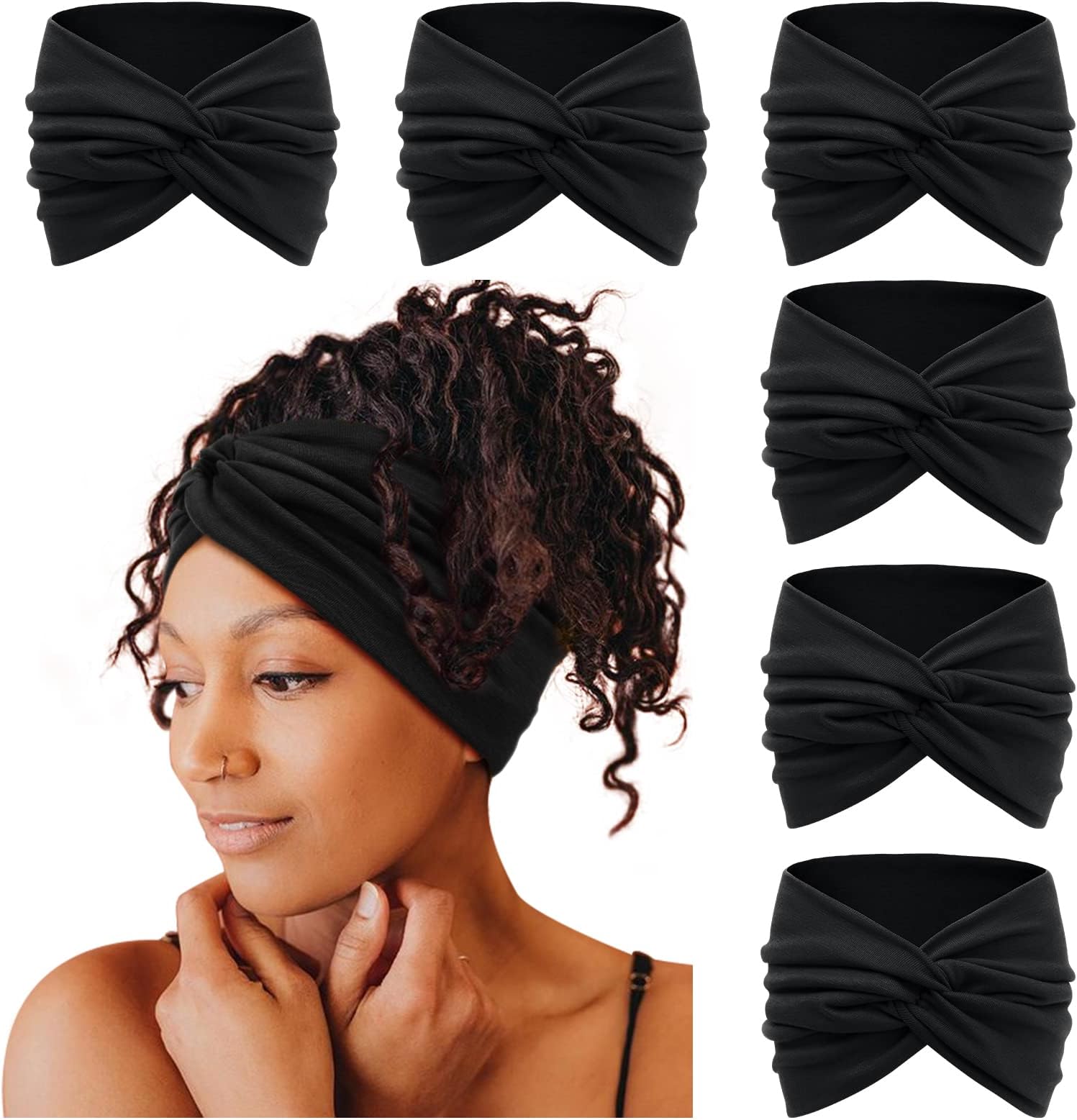 Tobeffect Wide Headbands for Women, 7'' Extra Large Black Turban Headband Twisted Knot Hairband Hair Accessories, 6 Pack