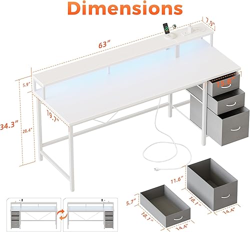 Miniatura 2 de Mericonia - Escritorio para computadora de 63 pulgadas con tomas de corriente y luces LED, escritorio para juegos con 3 cajones para oficina en