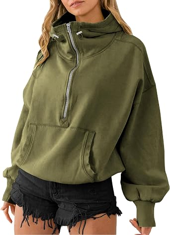 TBA High Neck Hoodies for Women Oversized Half Zip Drawstring Y2K Pullover Sweater Casual Long Sleeve Sweatshirt with Pockets