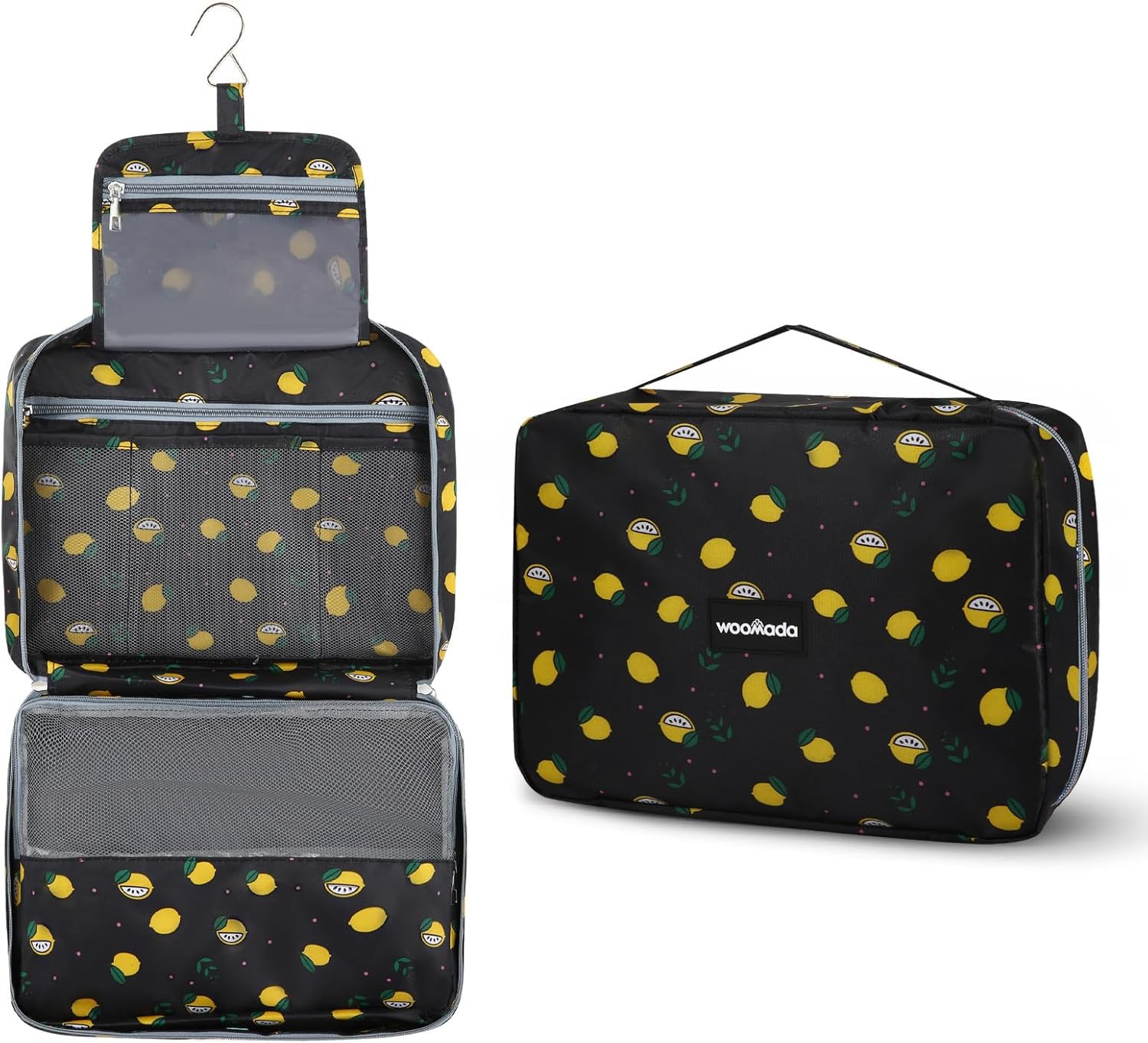 WOOMADA Toiletry Bag with Hanging Hook, Travel Toiletry Bag, Travel Makeup Bag, Cosmetic Organizer for Brushes Set, Shampoo, Full Sized Container for Women(lemon)