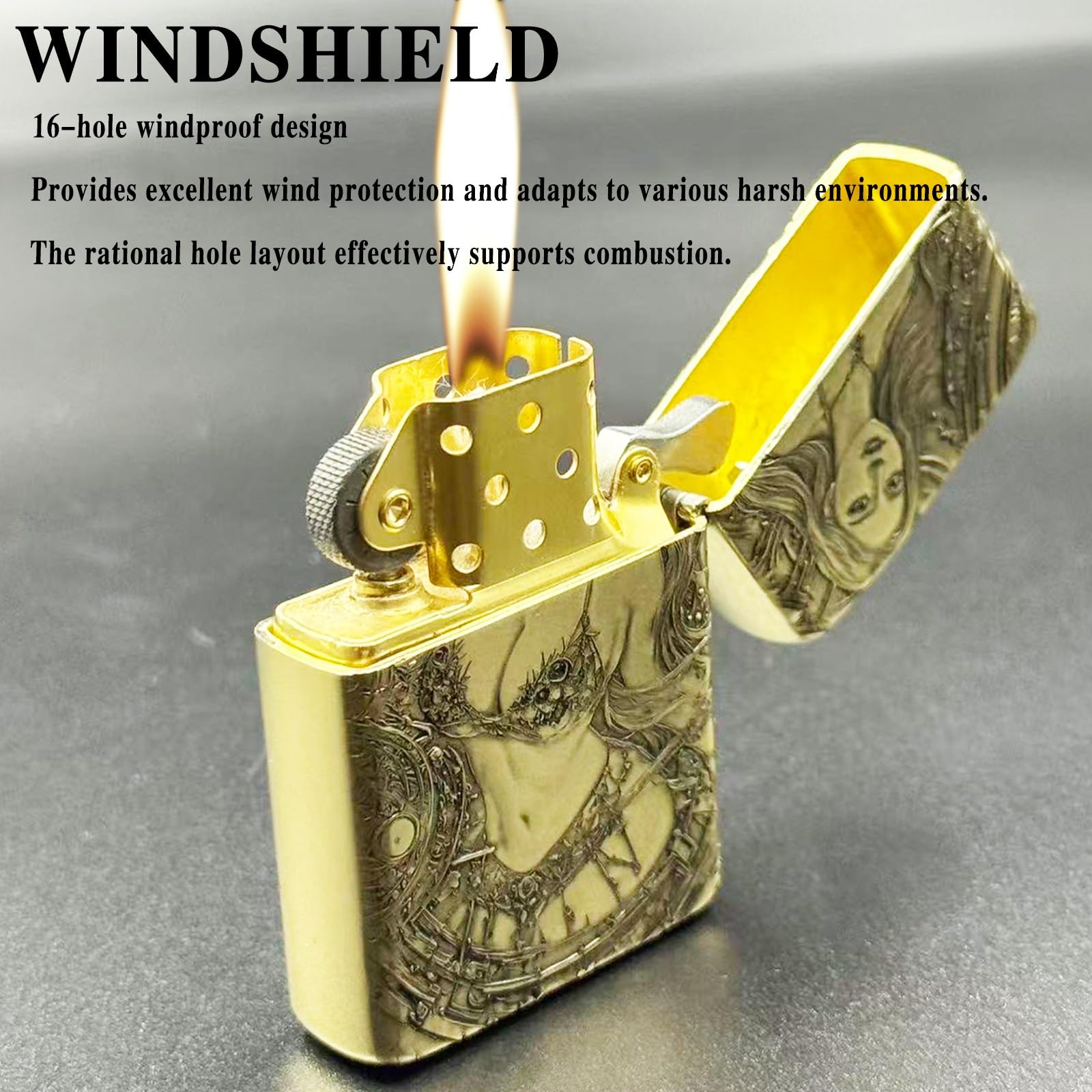 2025 Trench en laiton fait à la main - Briquet double face au kérosène - Molette de meulage à l'ancienne - Briquet à flamme douce - Briquet à rabat - Convient pour une utilisation en intérieur et en